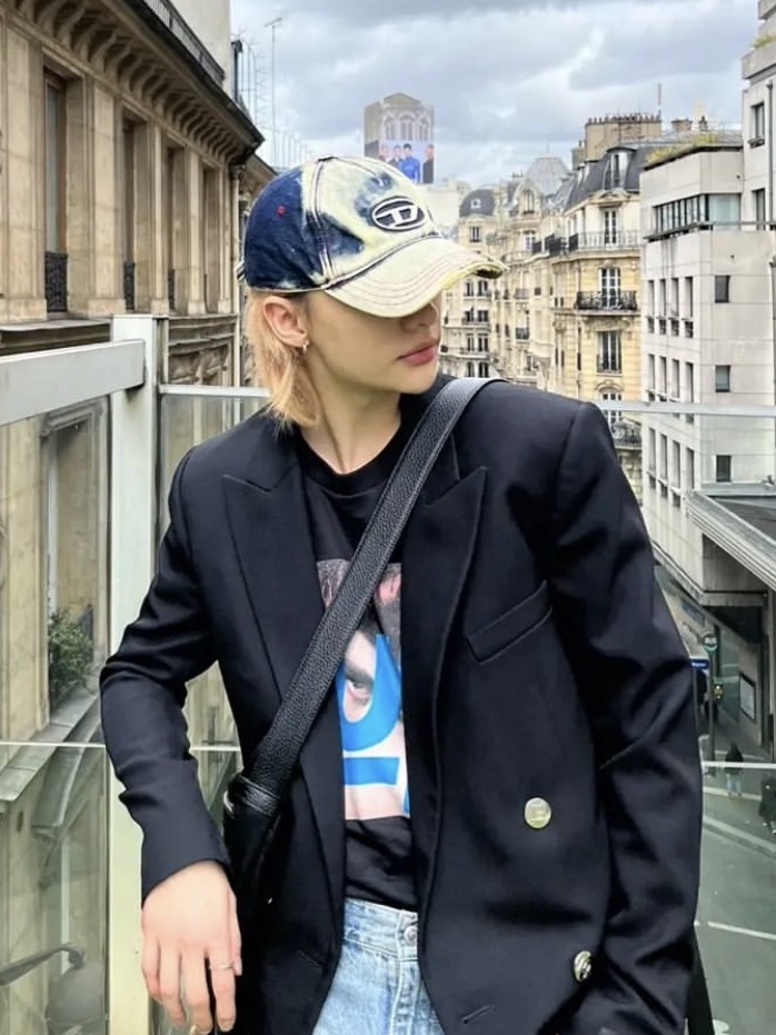 Diesel C-Seymon Treated Denim Baseball Cap Blue White 착용 스타일 - 2