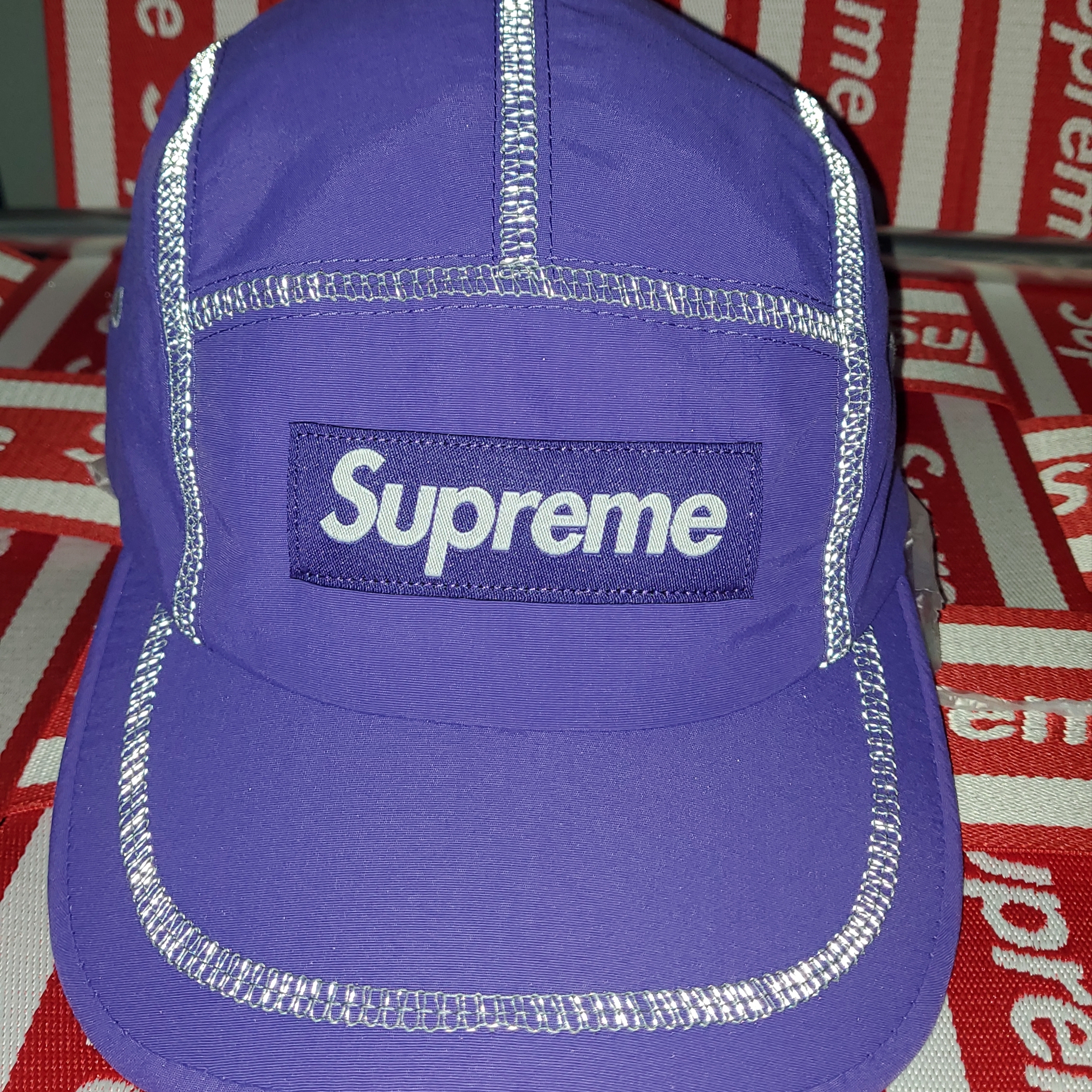 Supreme Reflective Stitch Camp Cap Purple - 23SS 착용 스타일