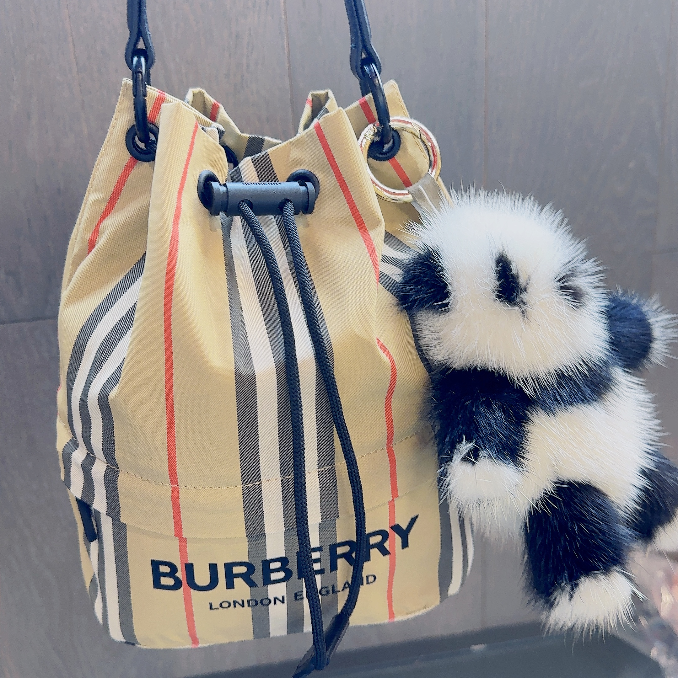 Burberry Icon Stripe Econyl Drawcord Pouch Archive Beige 착용 스타일 - 2