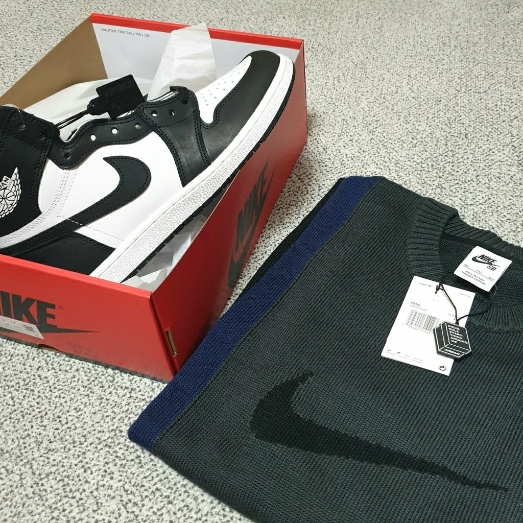 Jordan 1 High 85 Black White, Nike SB Swoosh Logo Sweater Black Dark Smoke Grey - Asia 착용 스타일