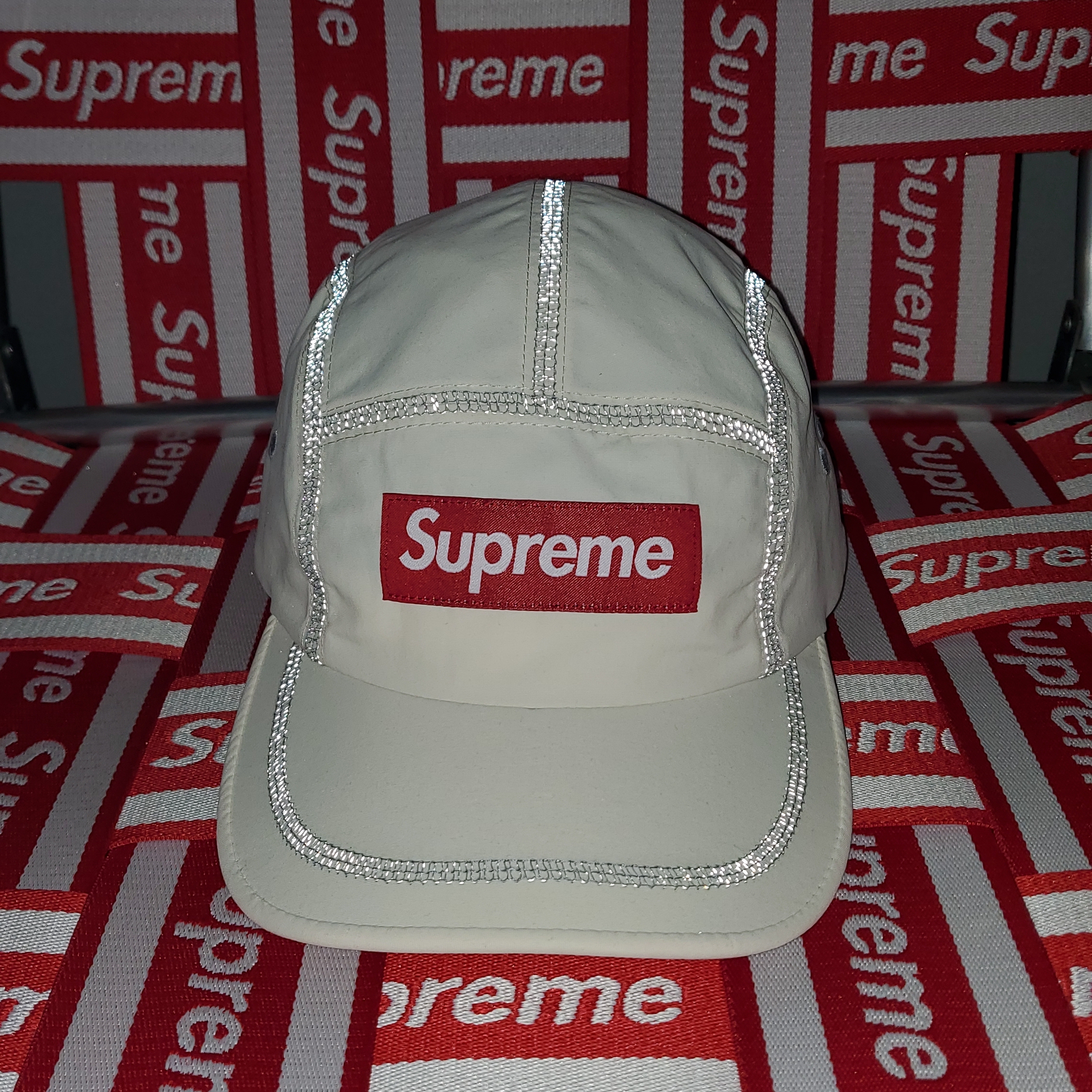 Supreme Reflective Stitch Camp Cap Natural - 23SS 착용 스타일