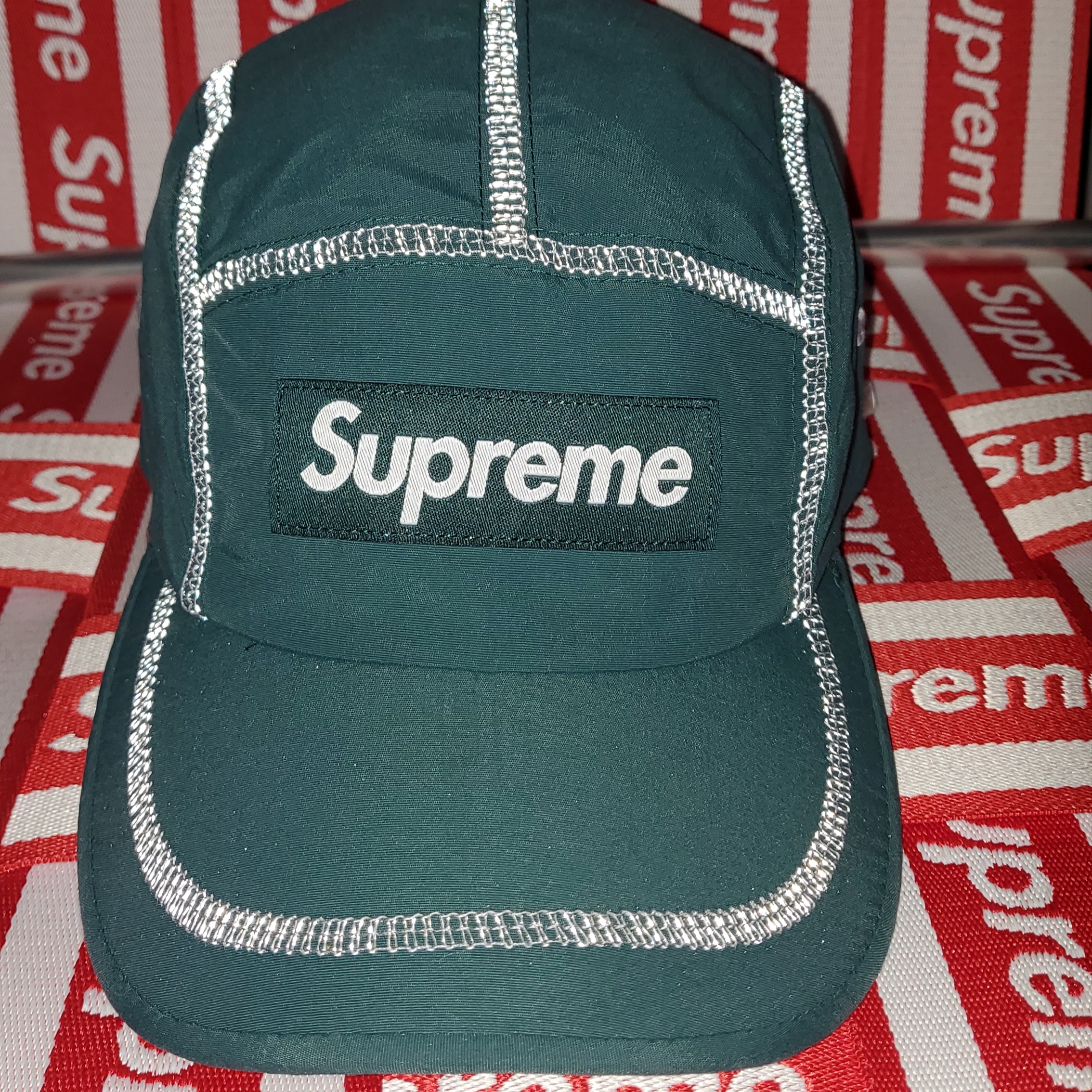 Supreme Reflective Stitch Camp Cap Dark Green - 23SS 착용 스타일