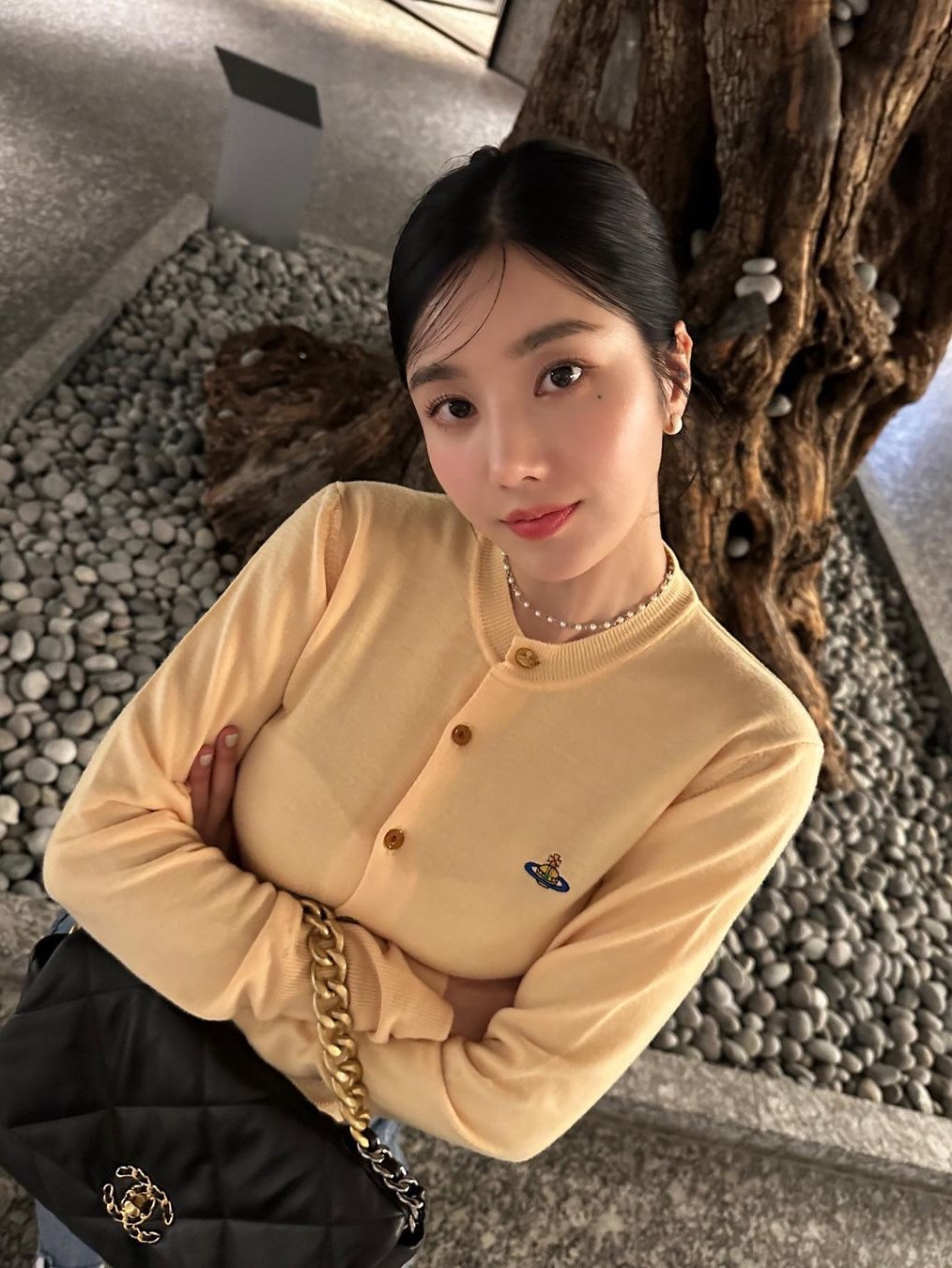 (W) Vivienne Westwood Bea Cardigan Pale Yellow, Chanel Large 19 Handbag Goatskin & Gold Black 착용 스타일
