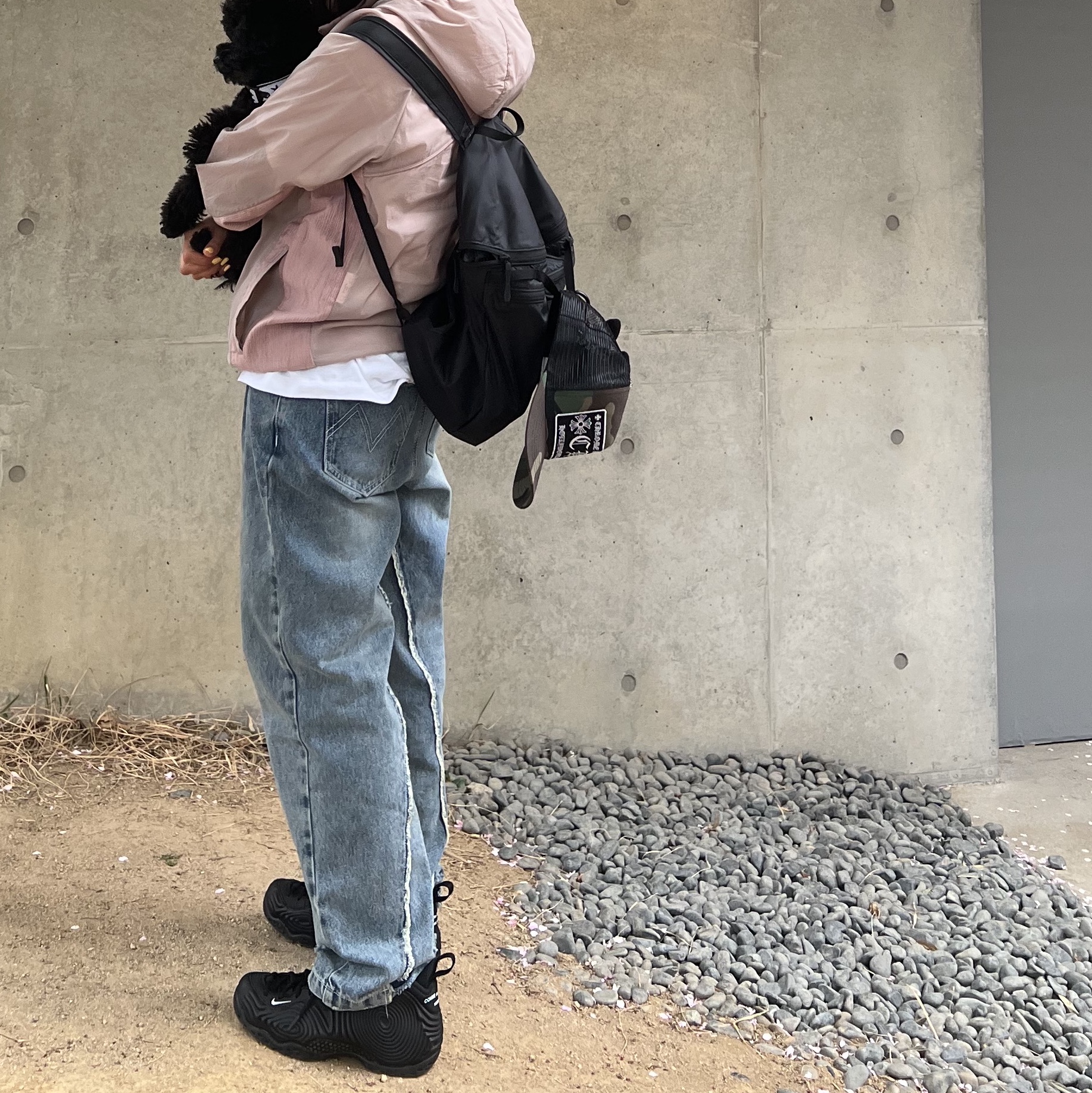 Nike x Comme des Garcons Homme Plus Air Foamposite One Black, Chrome Hearts CH Hollywood Trucker Hat Camo 착용 스타일