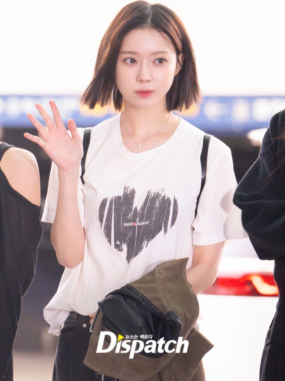 Saint Laurent Joe Monogram Backpack in Lambskin Black, (W) Saint Laurent Heart T-Shirt Natural 착용 스타일