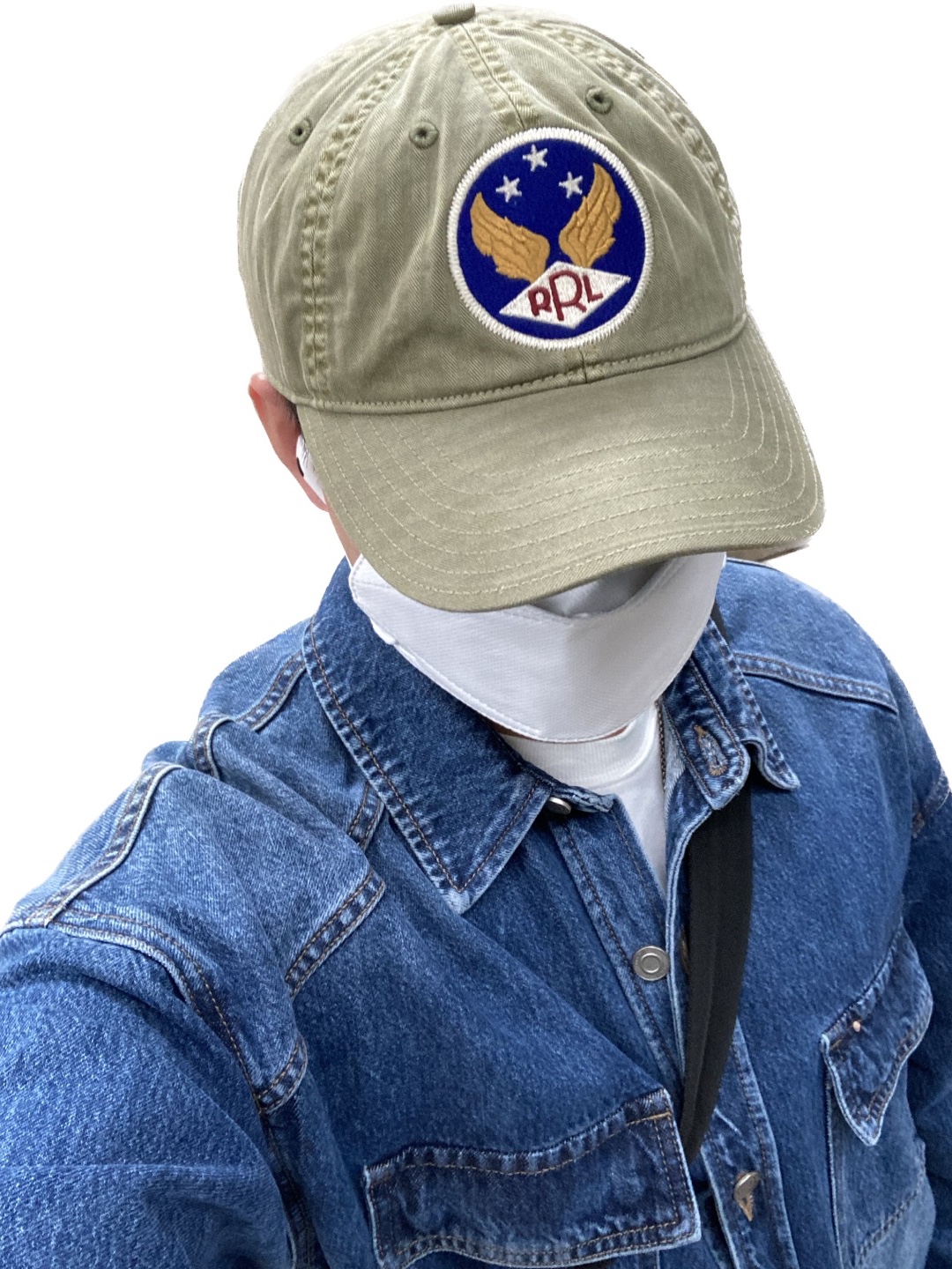 Double RL Garment Dyeing Twill Ball Cap Green, Juun.J Outer Style Denim Shirt Blue 착용 스타일 - 1