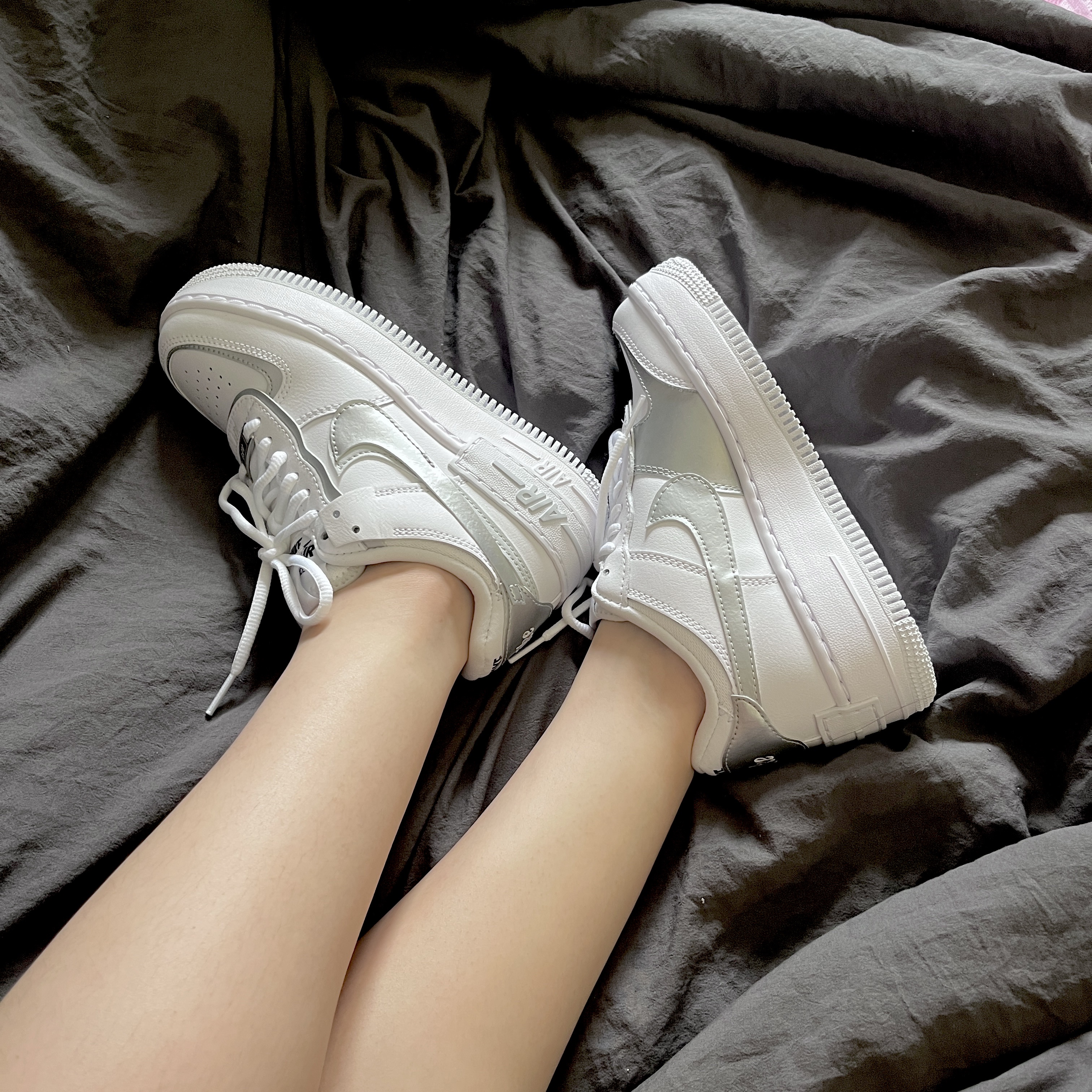 (W) Nike Air Force 1 Shadow White Metallic Silver 착용 스타일