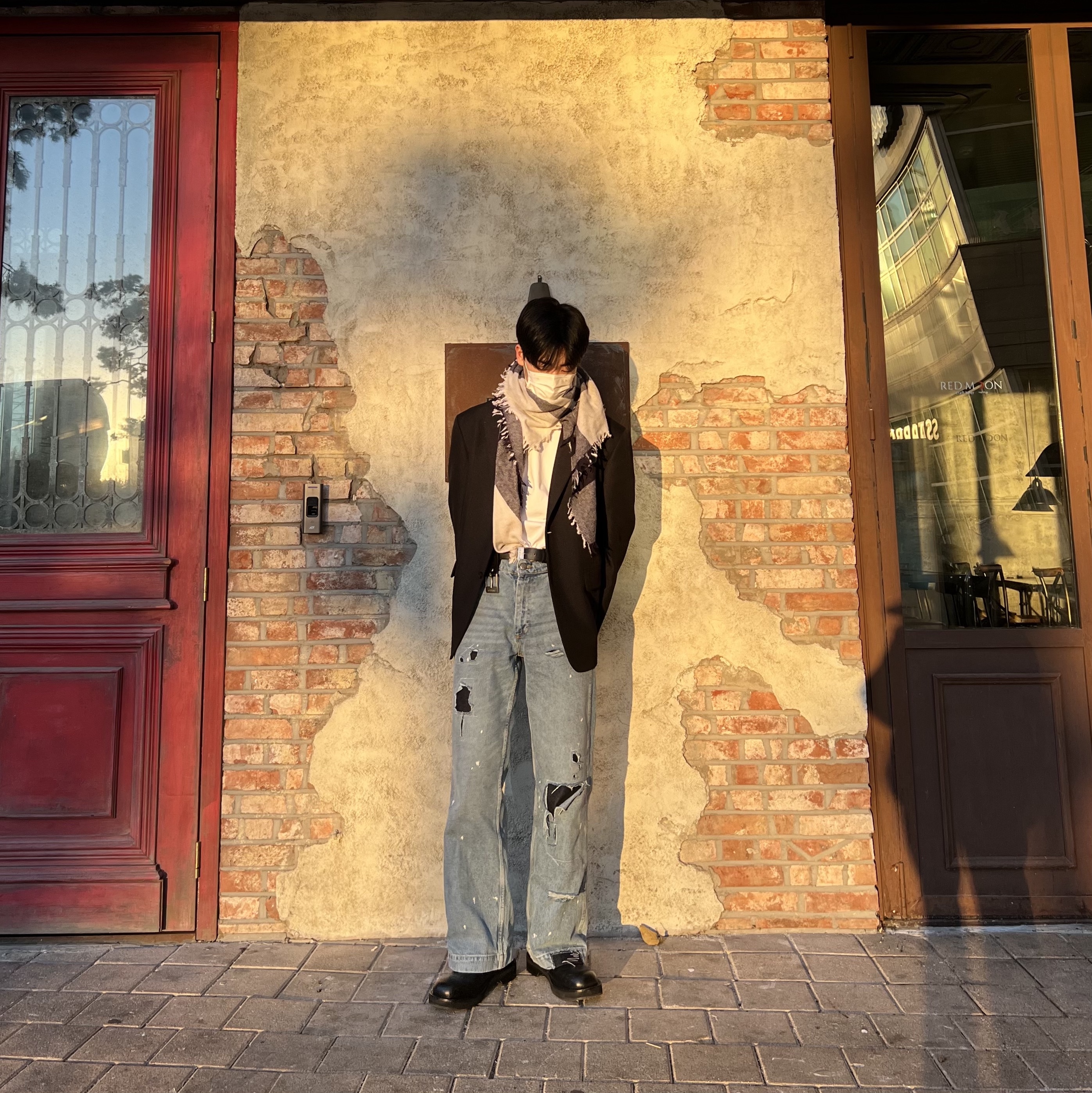 Zara x Ader Error Patchwork Jeans Blue 착용 스타일 - 3