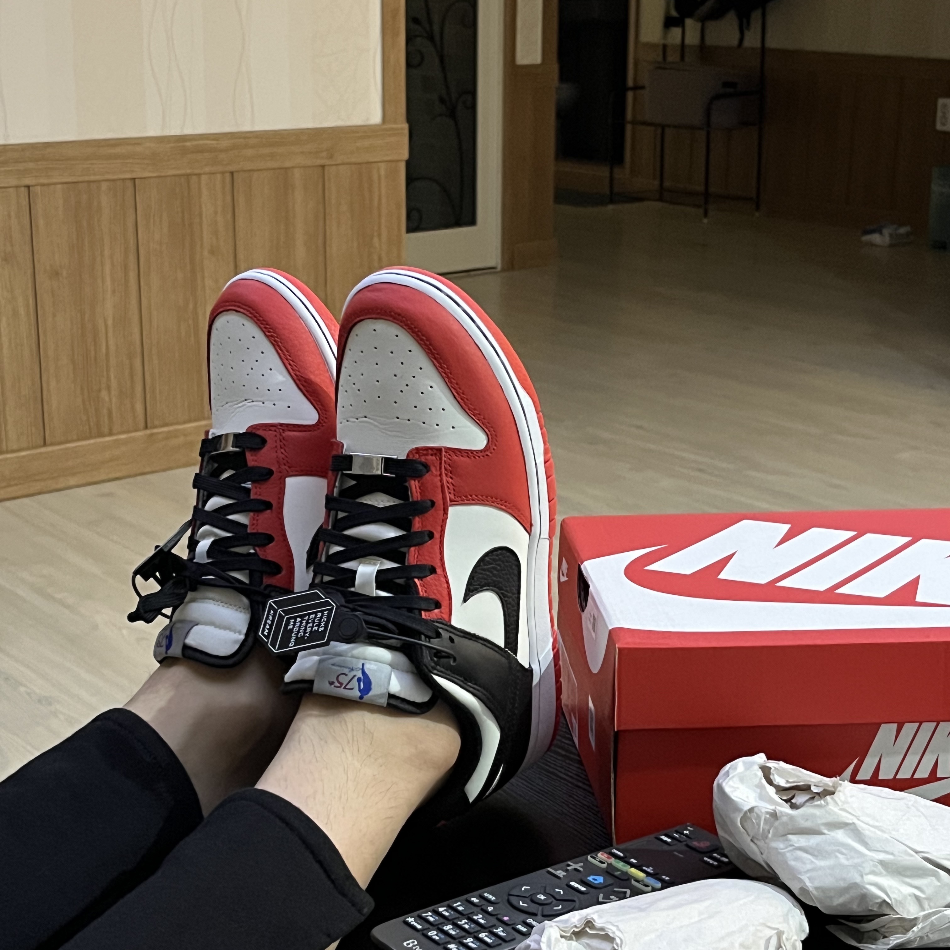 Nike x NBA Dunk Low Retro EMB Black and Chile Red 착용 스타일