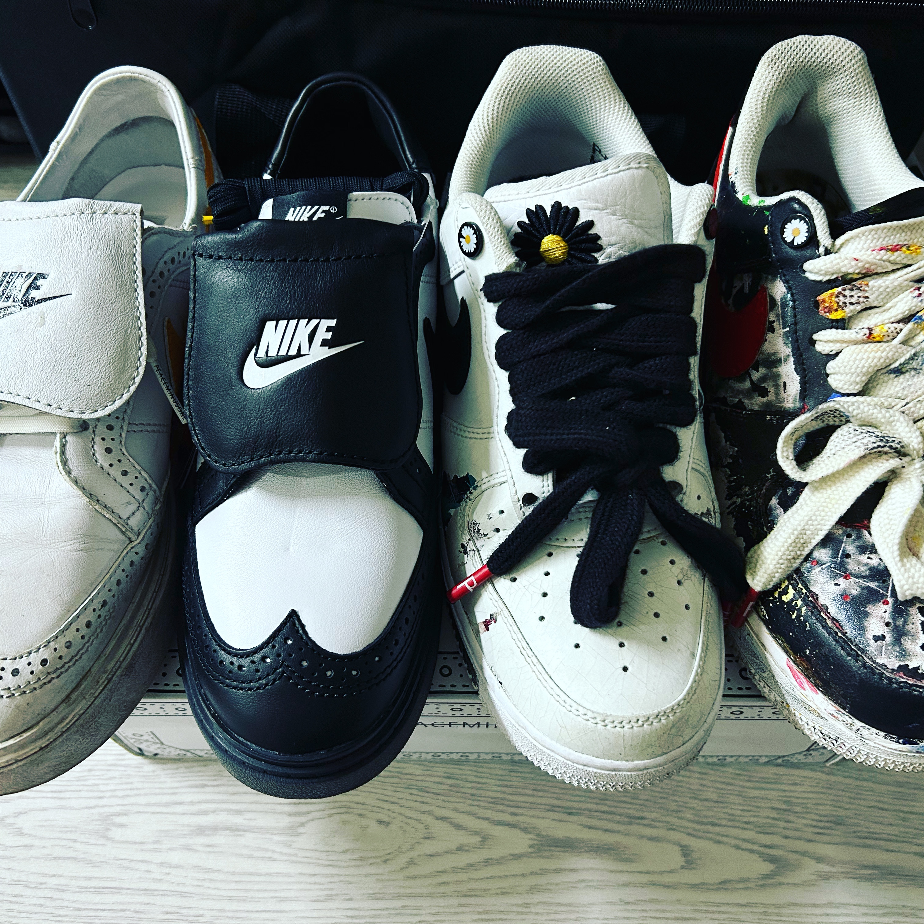 Nike x Peaceminusone Kwondo1 Black and White, Nike x Peaceminusone Air Force 1 Low Para-Noise 2.0 착용 스타일