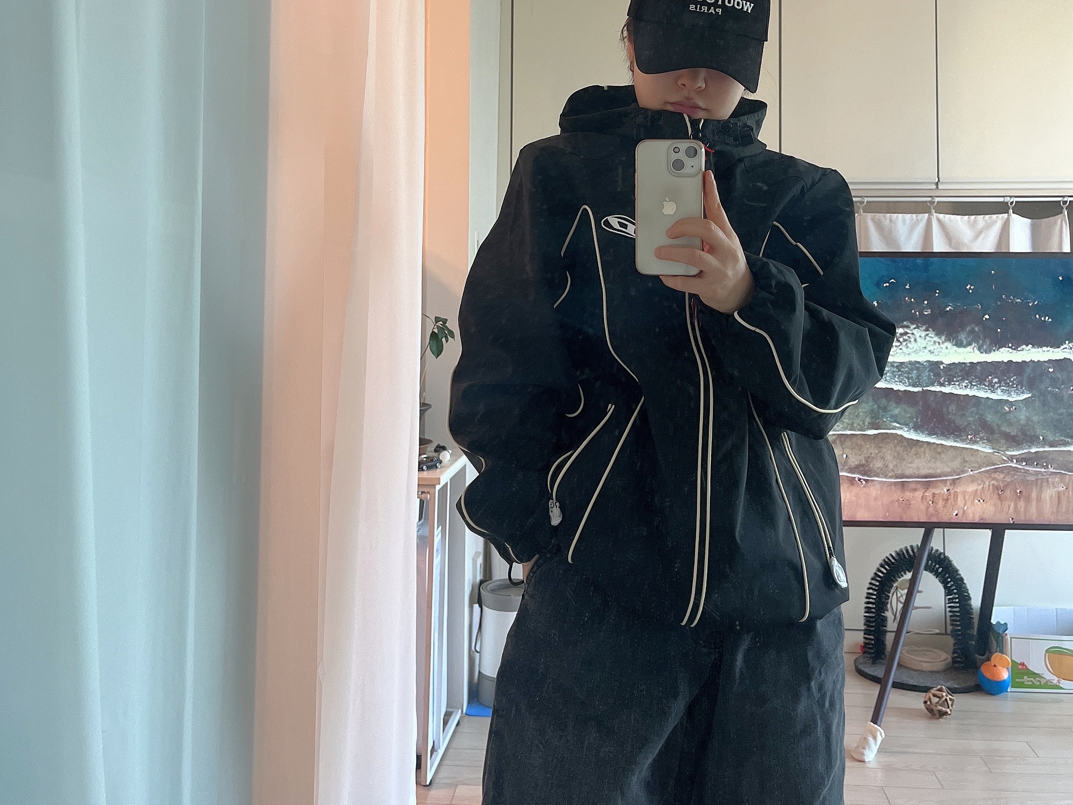 Diesel J-Hives Windbreaker with Contrast Piping Black, Wooyoungmi Embroidered Ball Cap Black - 23SS 착용 스타일