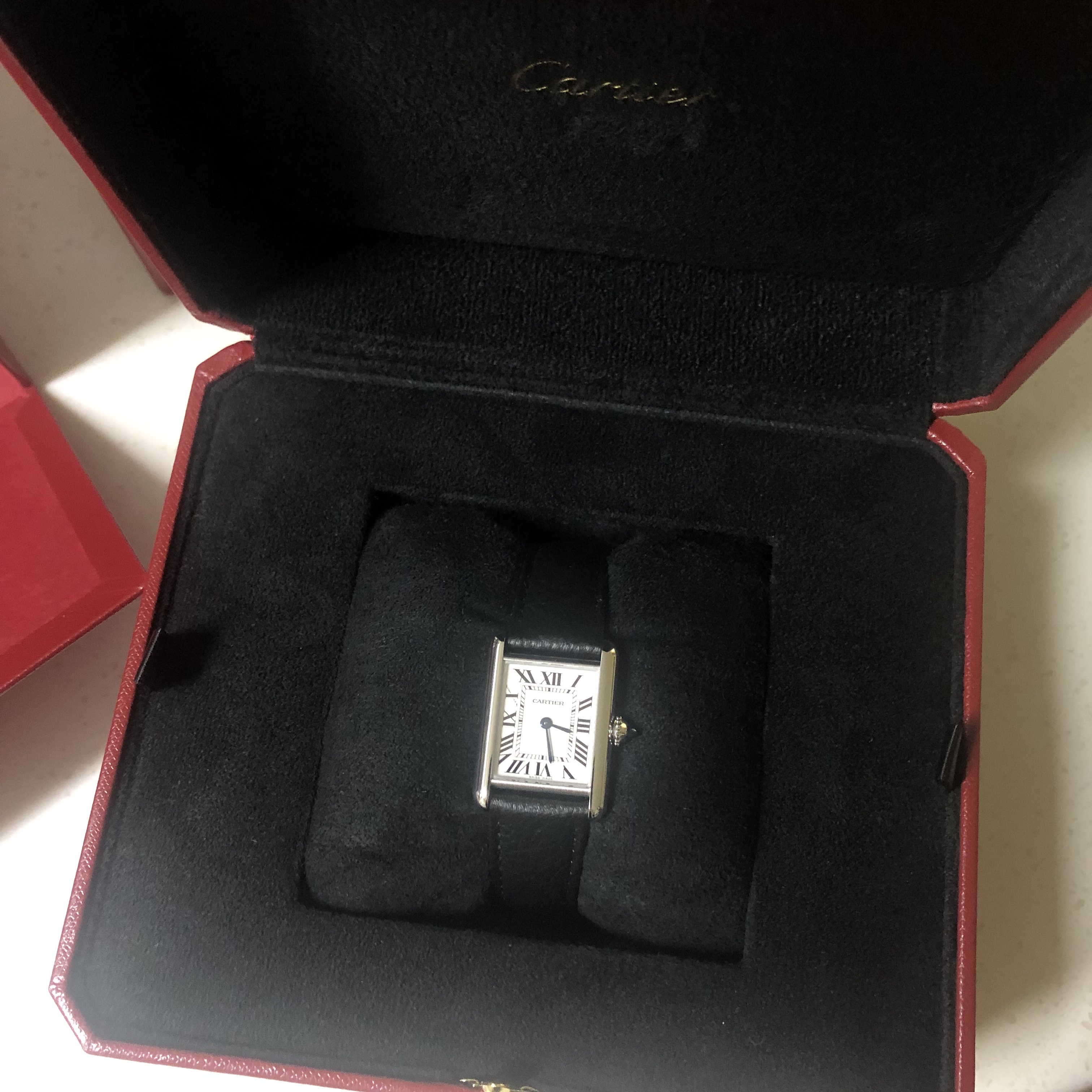 Cartier Tank Must Watch Small Quartz Steel Calfskin Black 착용 스타일 - 1