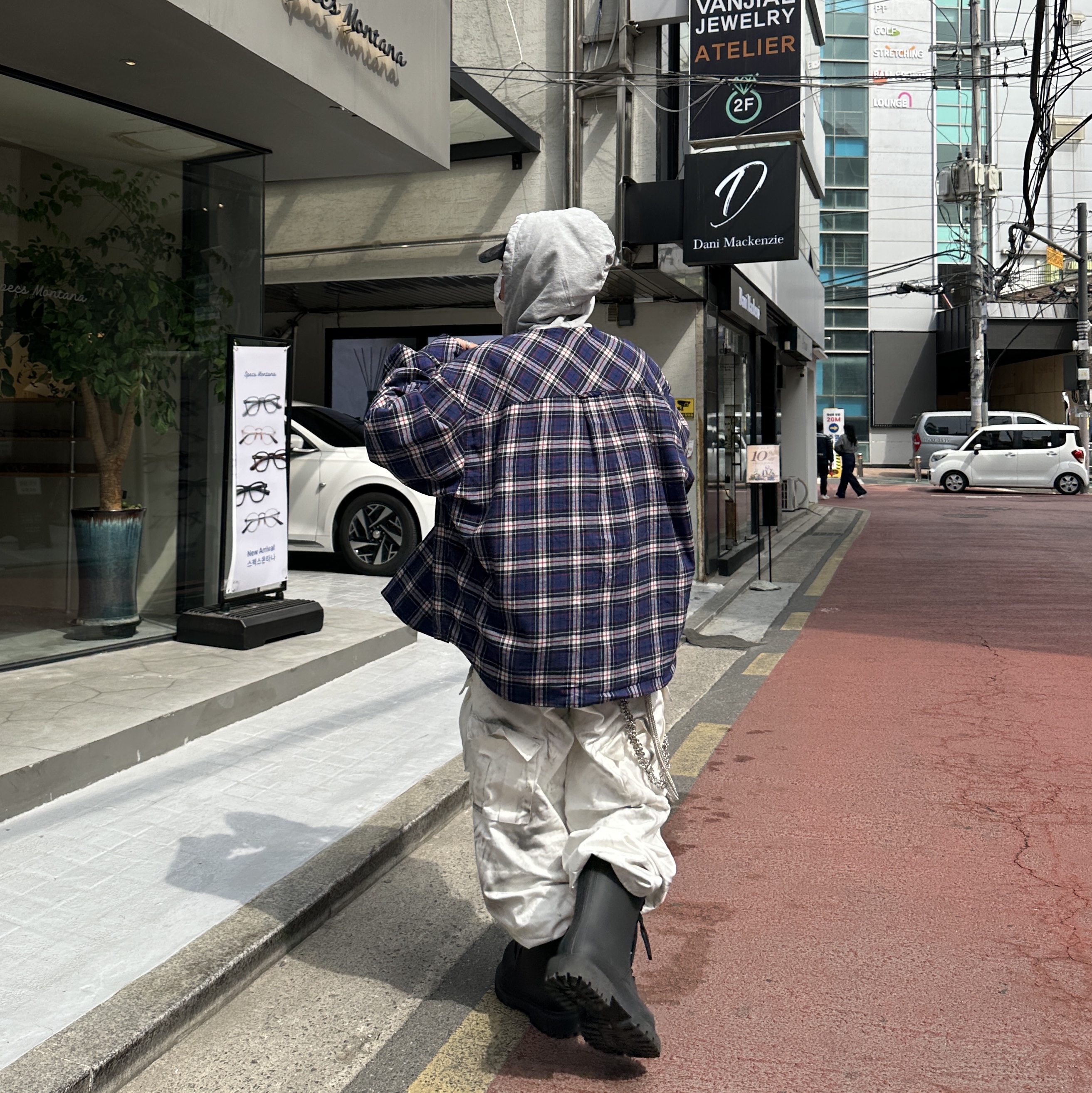 Project G/R Reversible Hoodie Check Shirts Navy, Balenciaga XL Army Boots Full Eva Black 착용 스타일 - 2