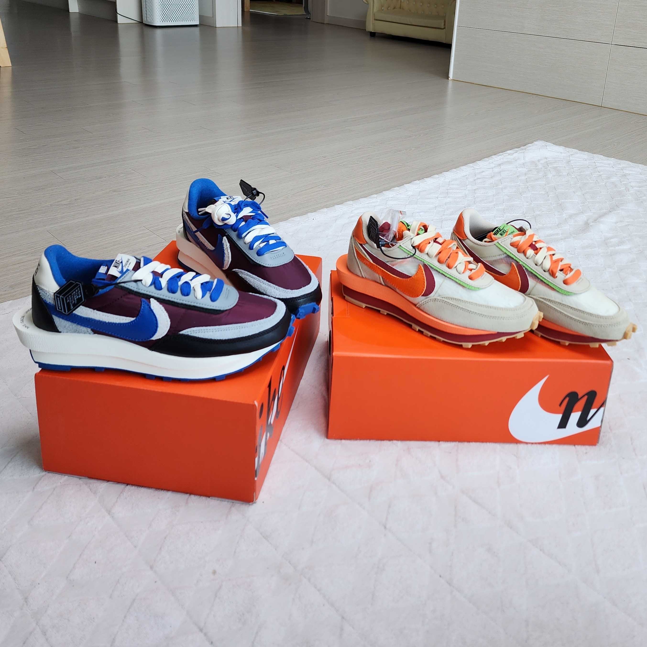 Nike x Sacai x Clot LDWaffle Orange Blaze, Nike x Sacai x Undercover LDWaffle Night Maroon Team Royal 착용 스타일