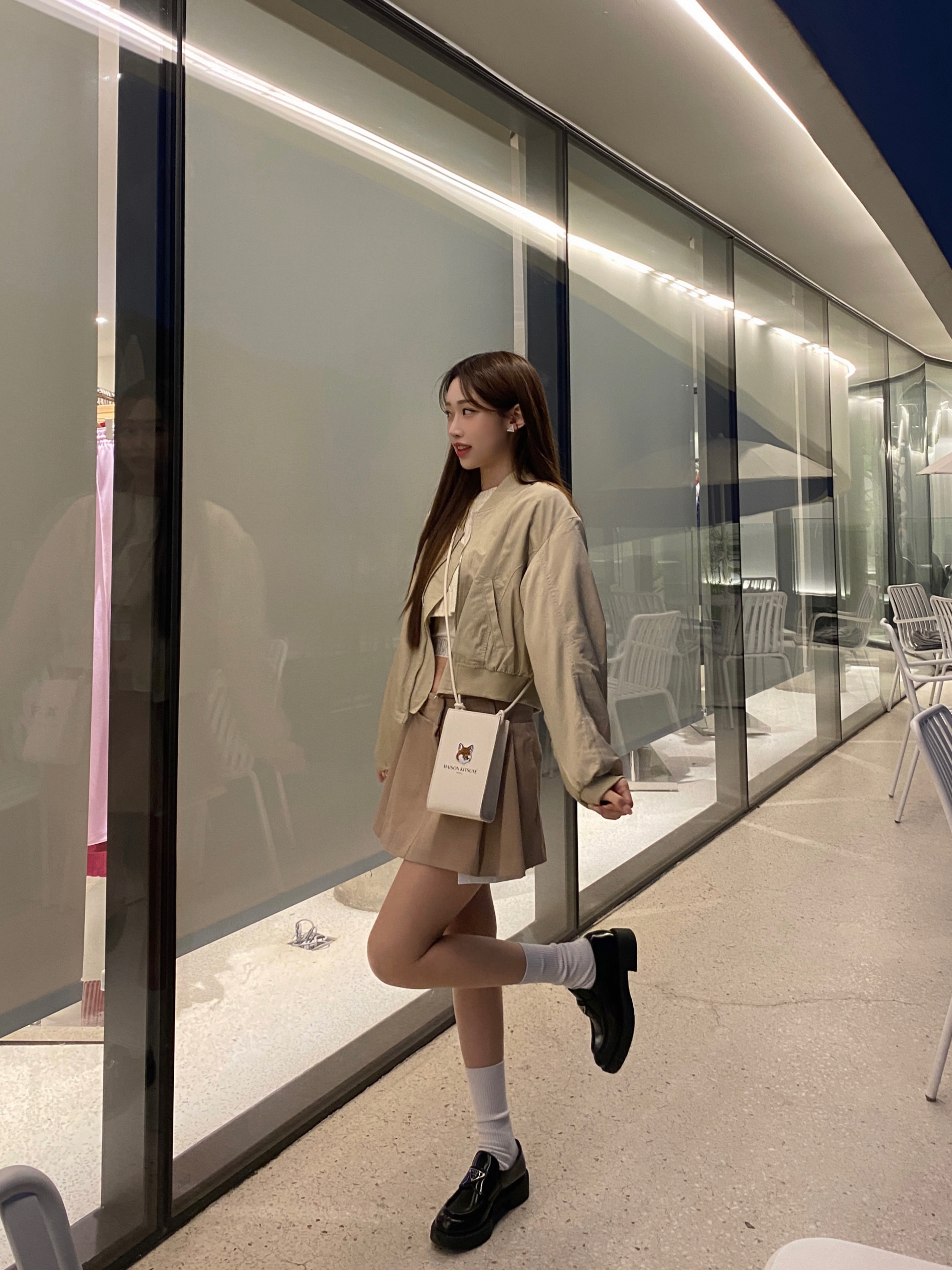 Maison Kitsune x Laneige Crossbody Bag, Prada Chocolate Brushed Leather Loafers Black 착용 스타일