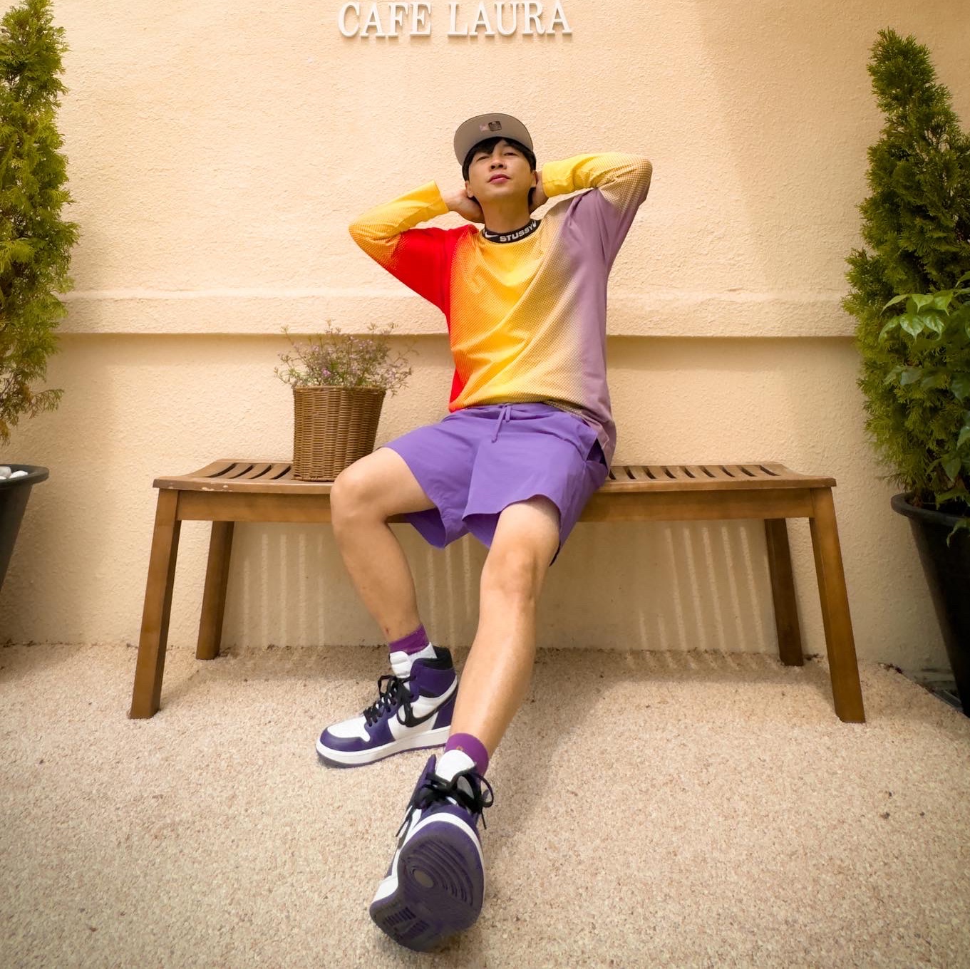 Nike x Stussy NRG FL LS Top Multi Color (DO5309-902), Jordan 1 Retro High OG Court Purple 2020 착용 스타일 - 2