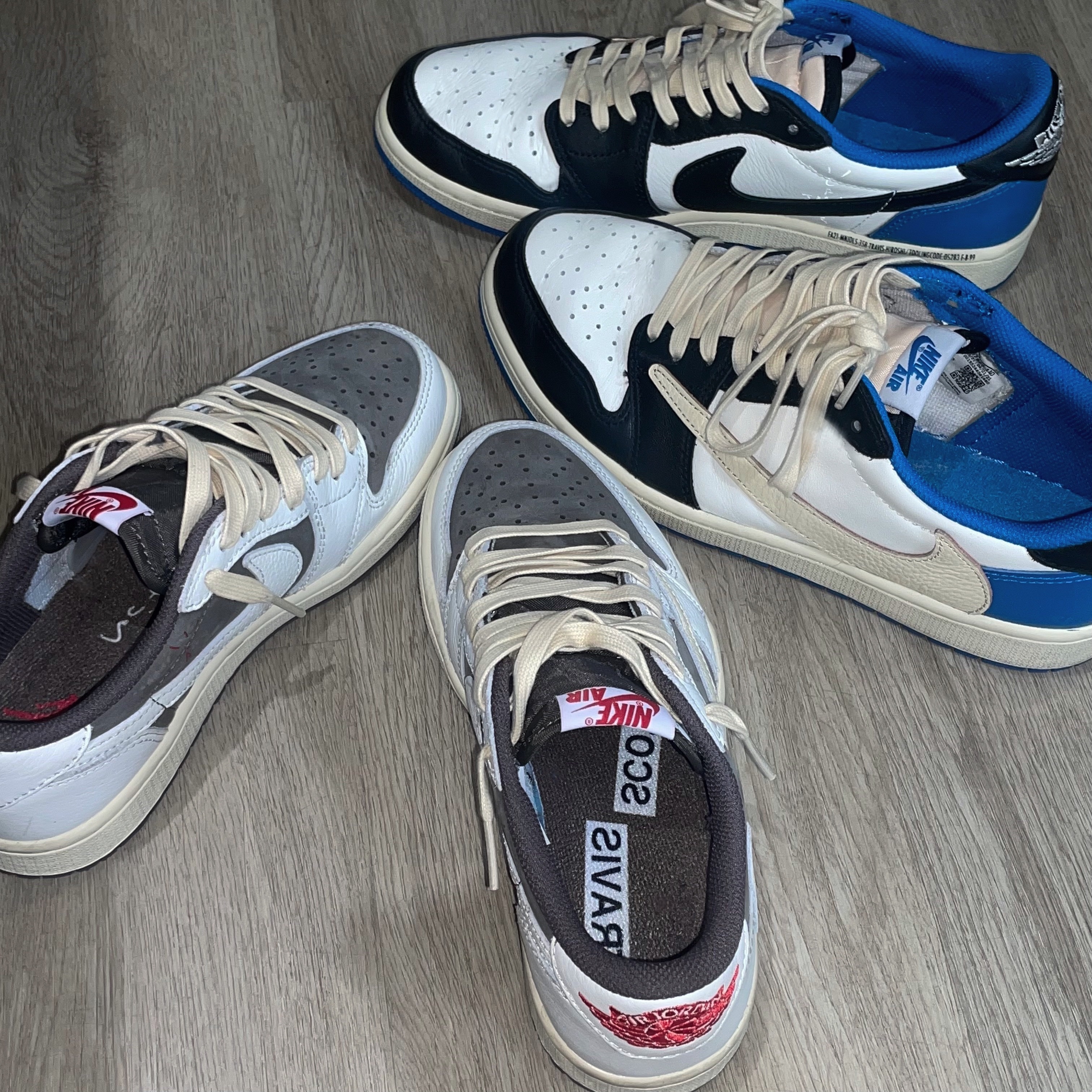 Jordan 1 x Travis Scott Retro Low OG SP Sail and Ridgerock, Jordan 1 x Travis Scott x Fragment Retro Low OG SP Military Blue 착용 스타일