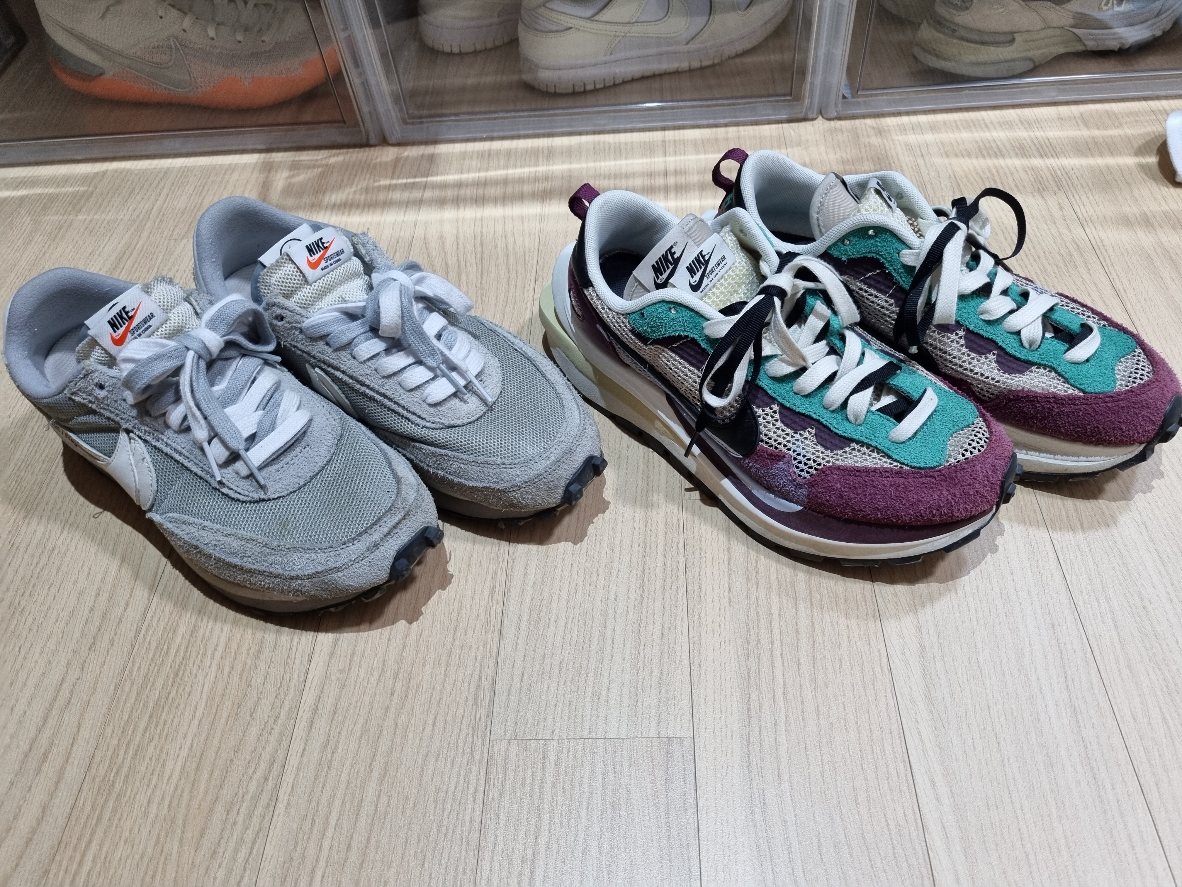 Nike x Sacai x Fragment LDWaffle Light Smoke Grey, Nike x Sacai VaporWaffle String & Black Villain Red 착용 스타일