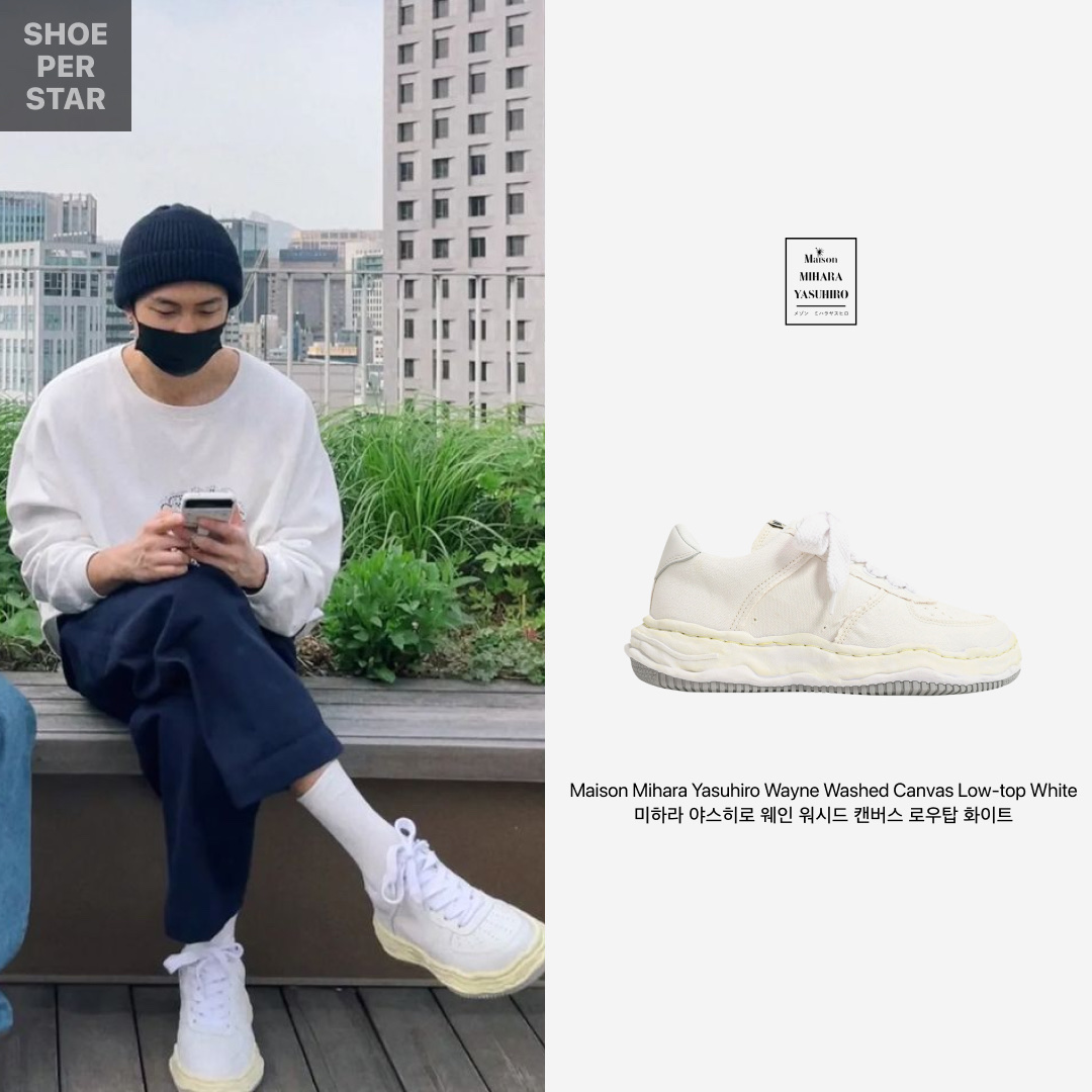 Maison Mihara Yasuhiro Wayne OG Sole Washed Canvas Low-top Sneakers White 착용 스타일 - 1