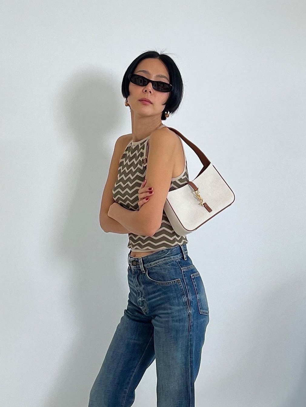 Saint Laurent Le 5 A 7 In Canvas And Leather Hobo Bag Grege And Brick 착용 스타일
