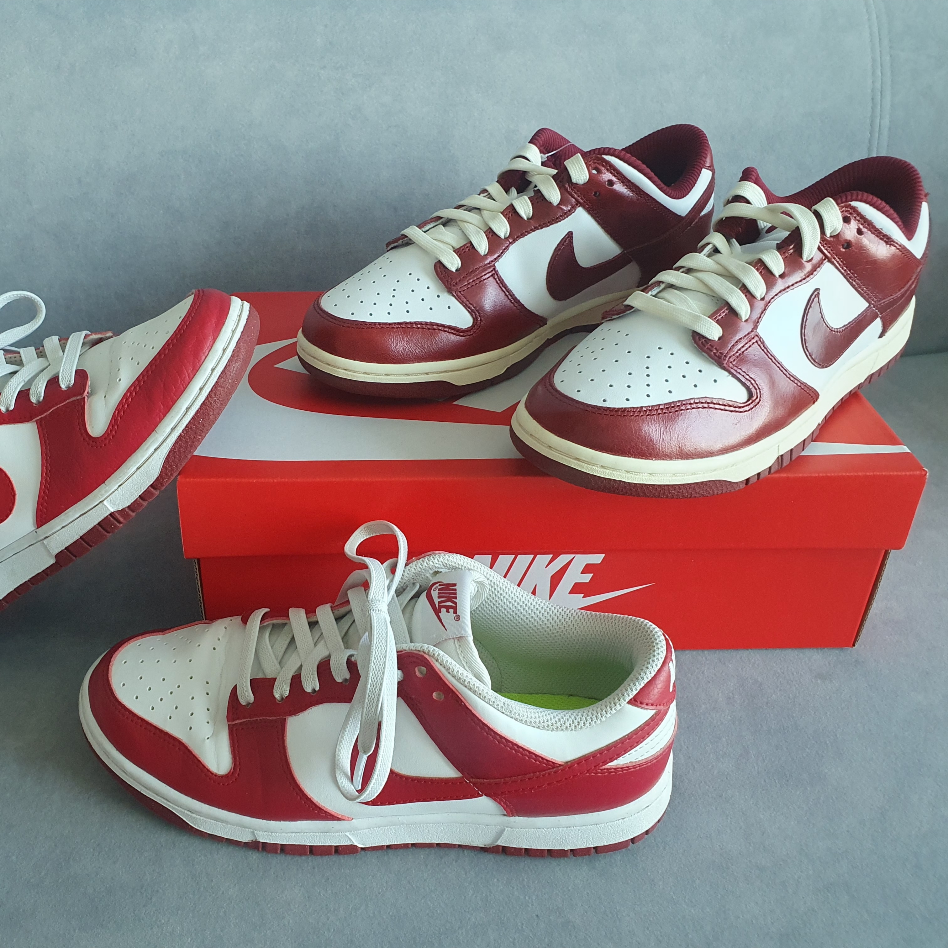 (W) Nike Dunk Low Retro PRM Team Red and White, (W) Nike Dunk Low Next Nature Gym Red 착용 스타일 - 2