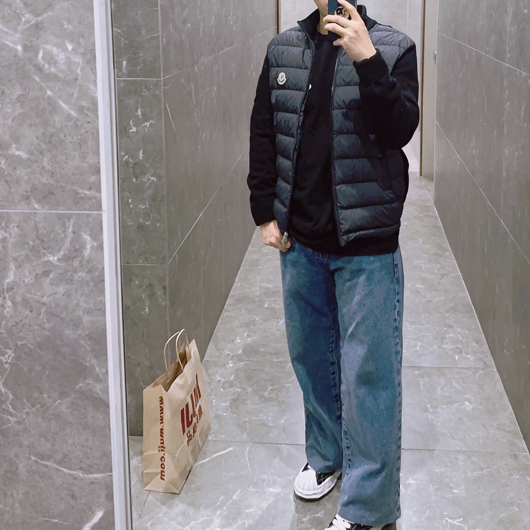 Maison Mihara Yasuhiro Blakey OG Sole Canvas Low-top Sneakers Black White, Moncler Padded Wool Cardigan Black - 23SS 착용 스타일