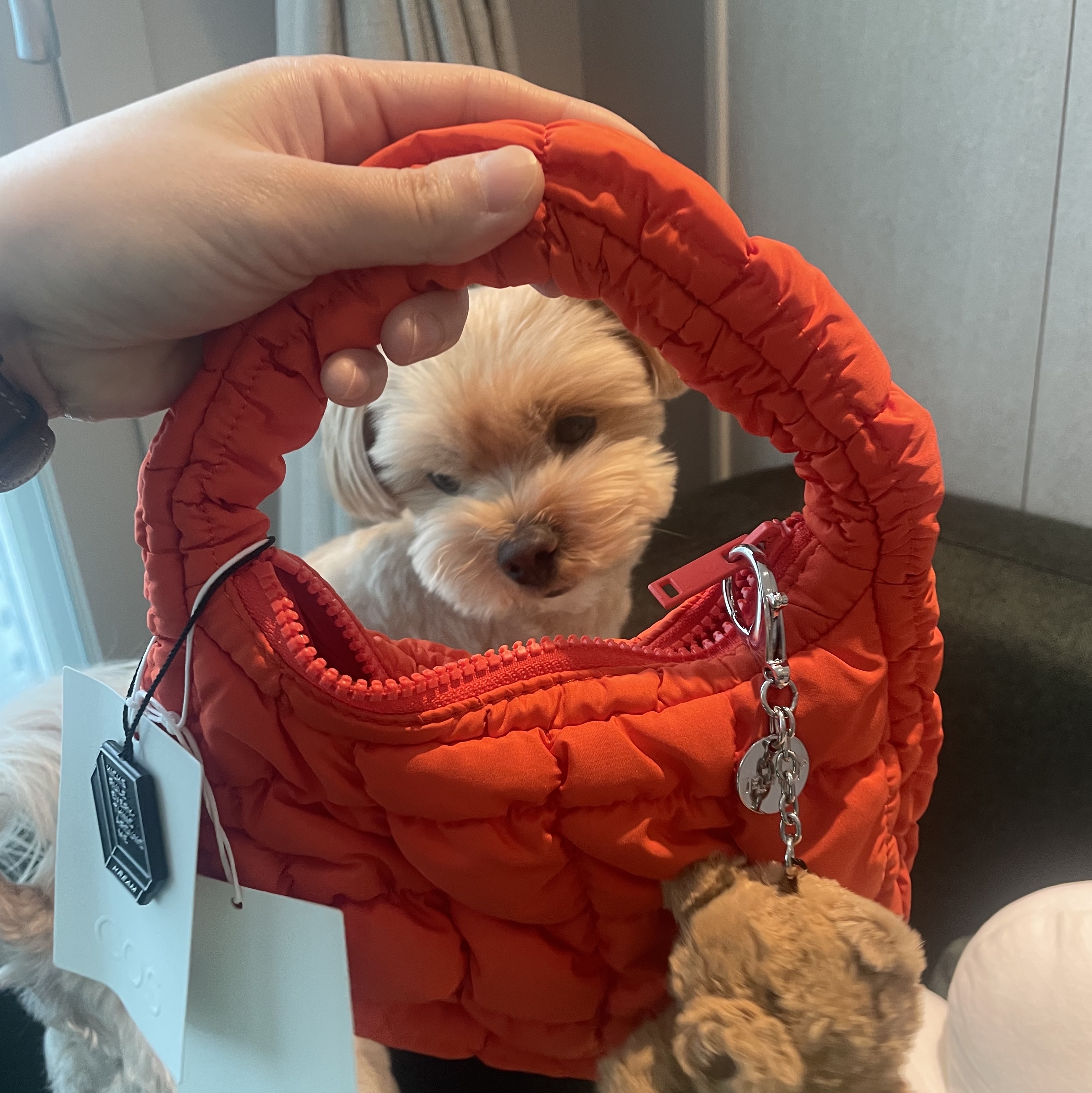 COS Quilted Micro Bag Orange, Jellycat Bartholomew Bear Bag Charm Brown 착용 스타일 - 2