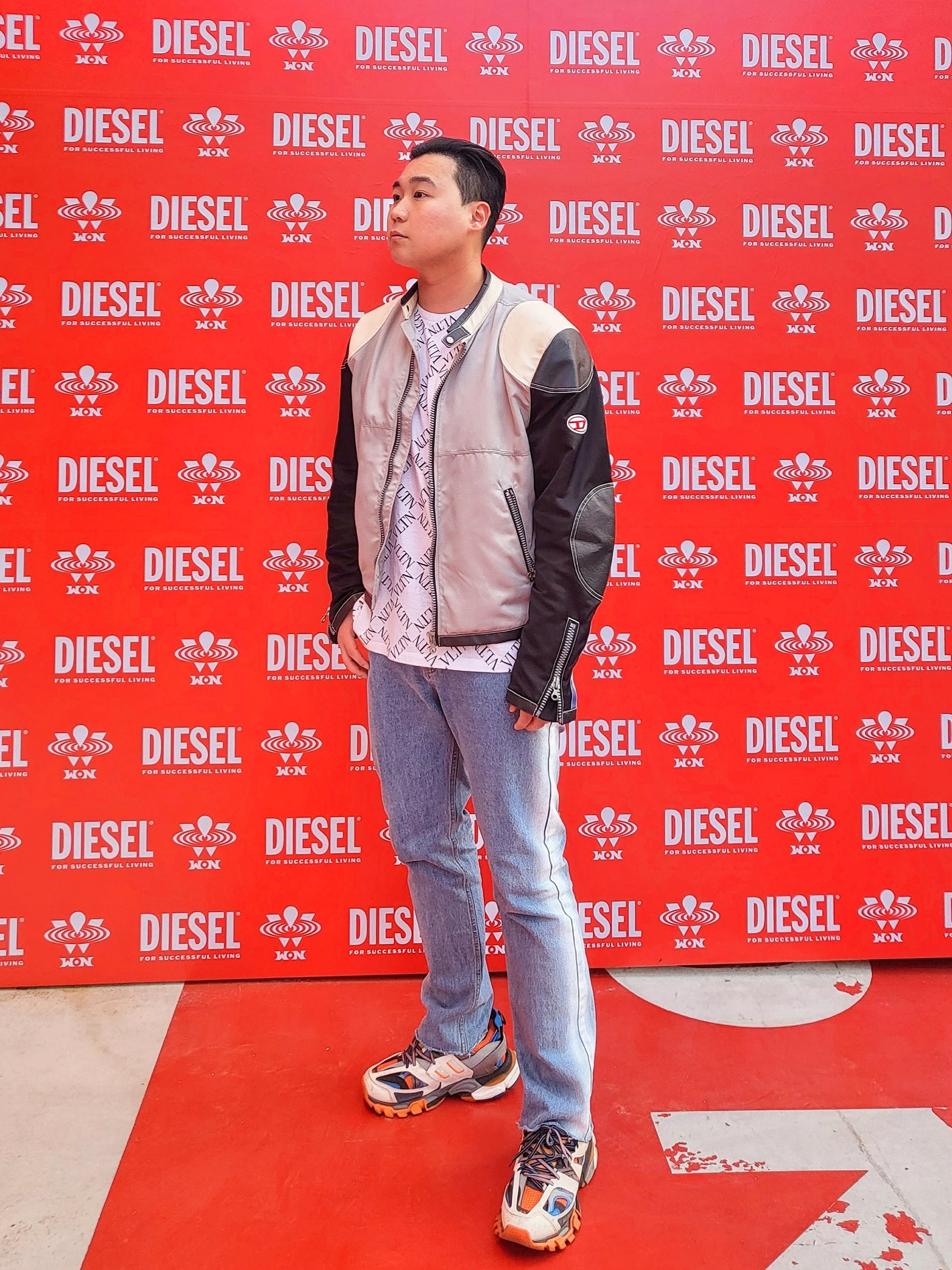 Diesel J-Kreator Biker Jacket in Colour-Block Nylon Black Grey, Balenciaga Track Sneakers Orange Grey 착용 스타일