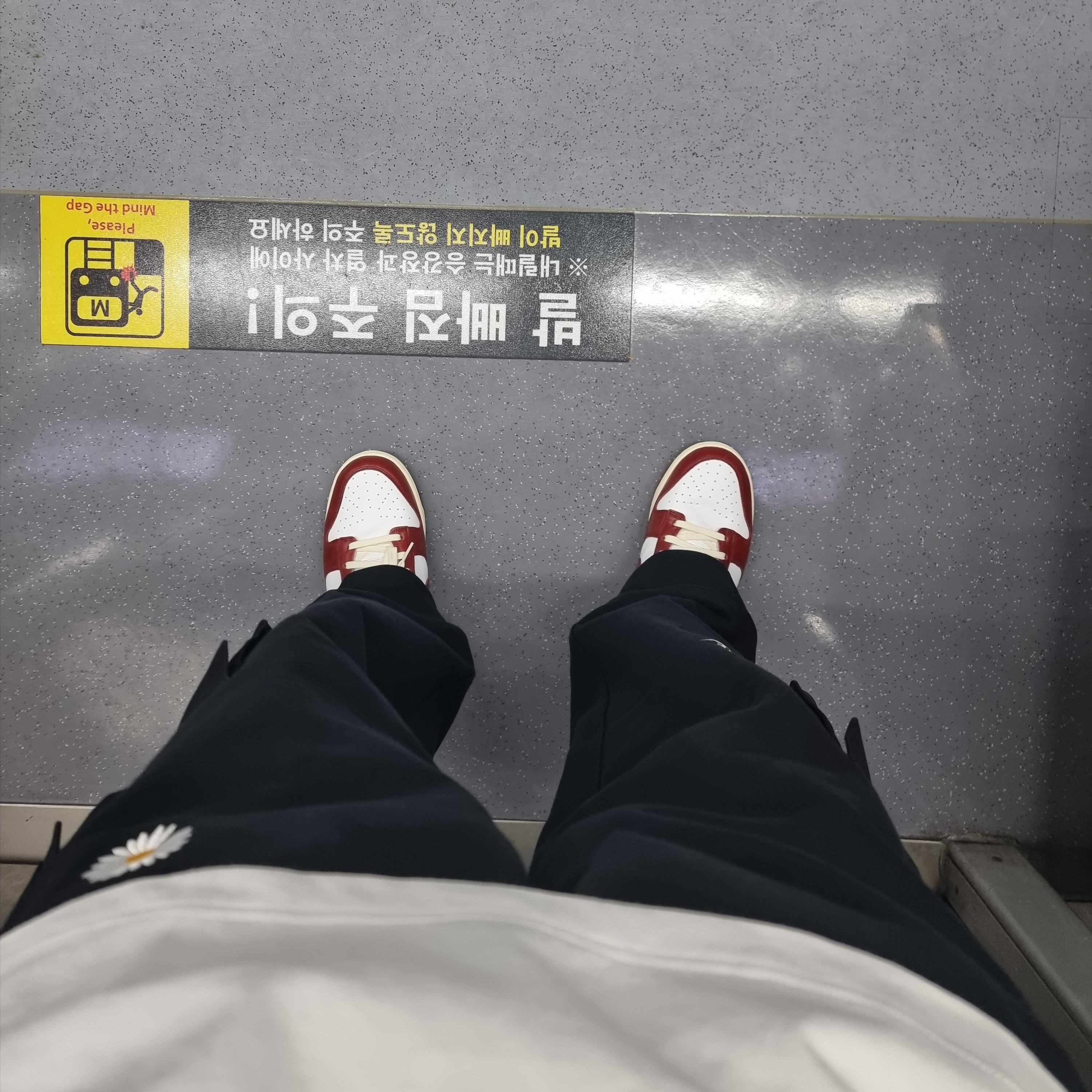 (W) Nike Dunk Low Retro PRM Team Red and White, Nike x Peaceminusone Wide Pants Black (DR0096-010) 착용 스타일 - 1