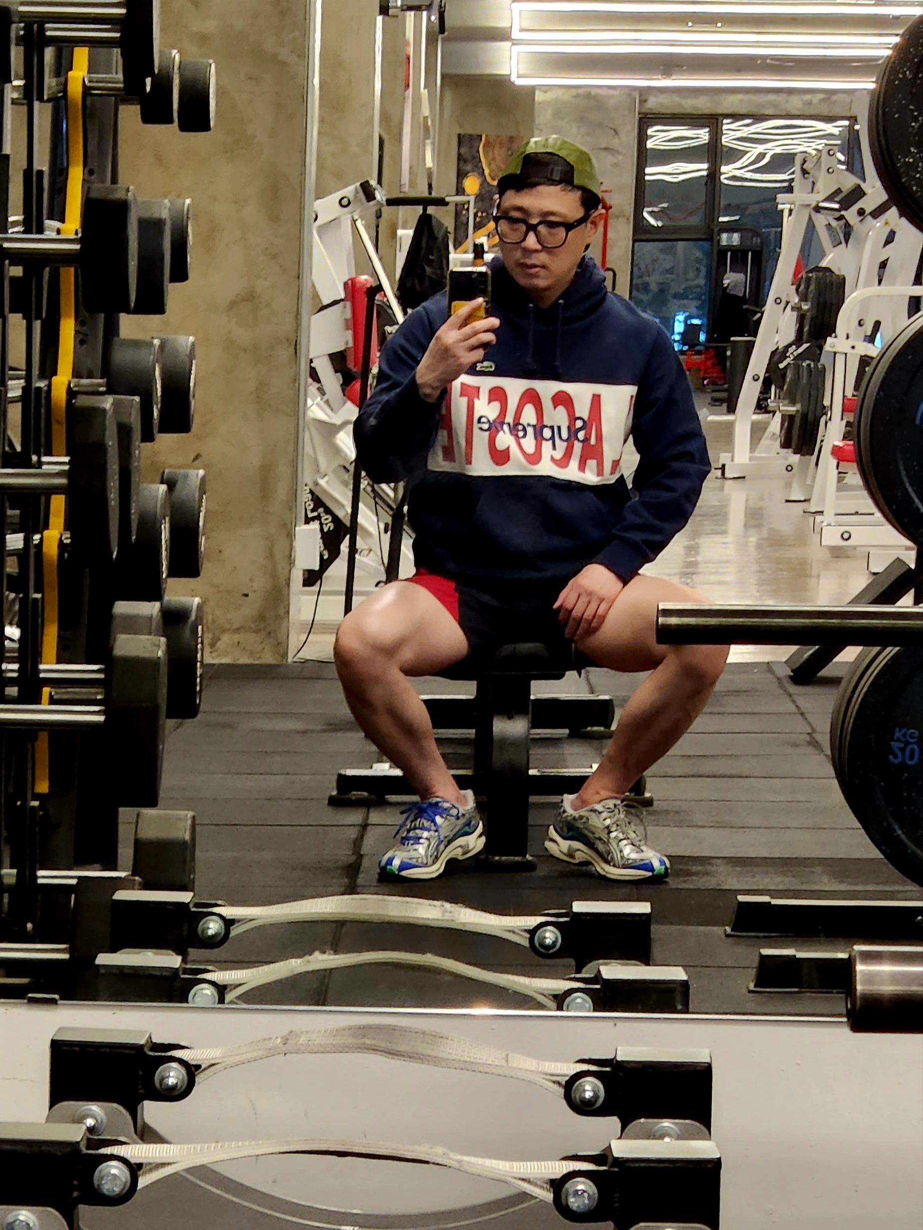 Asics x Awake NY Gel-Preleus Cool Grey Silver, Supreme x Lacoste Logo Panel Hooded Sweatshirt Navy - 19FW 착용 스타일 - 1