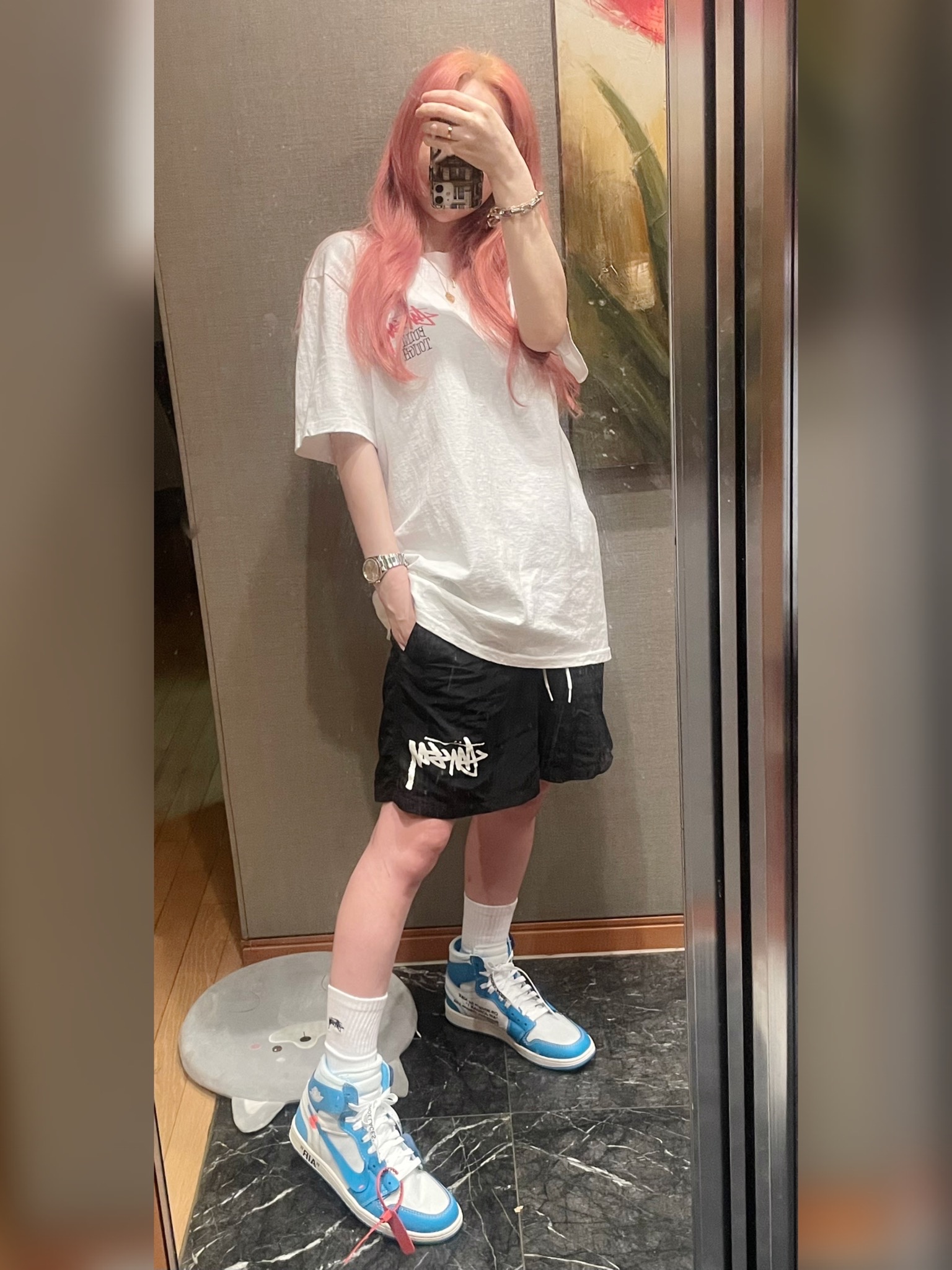 Stussy Built Tough T-Shirt White, Stussy Big Stock Water Shorts Black 착용 스타일 - 2