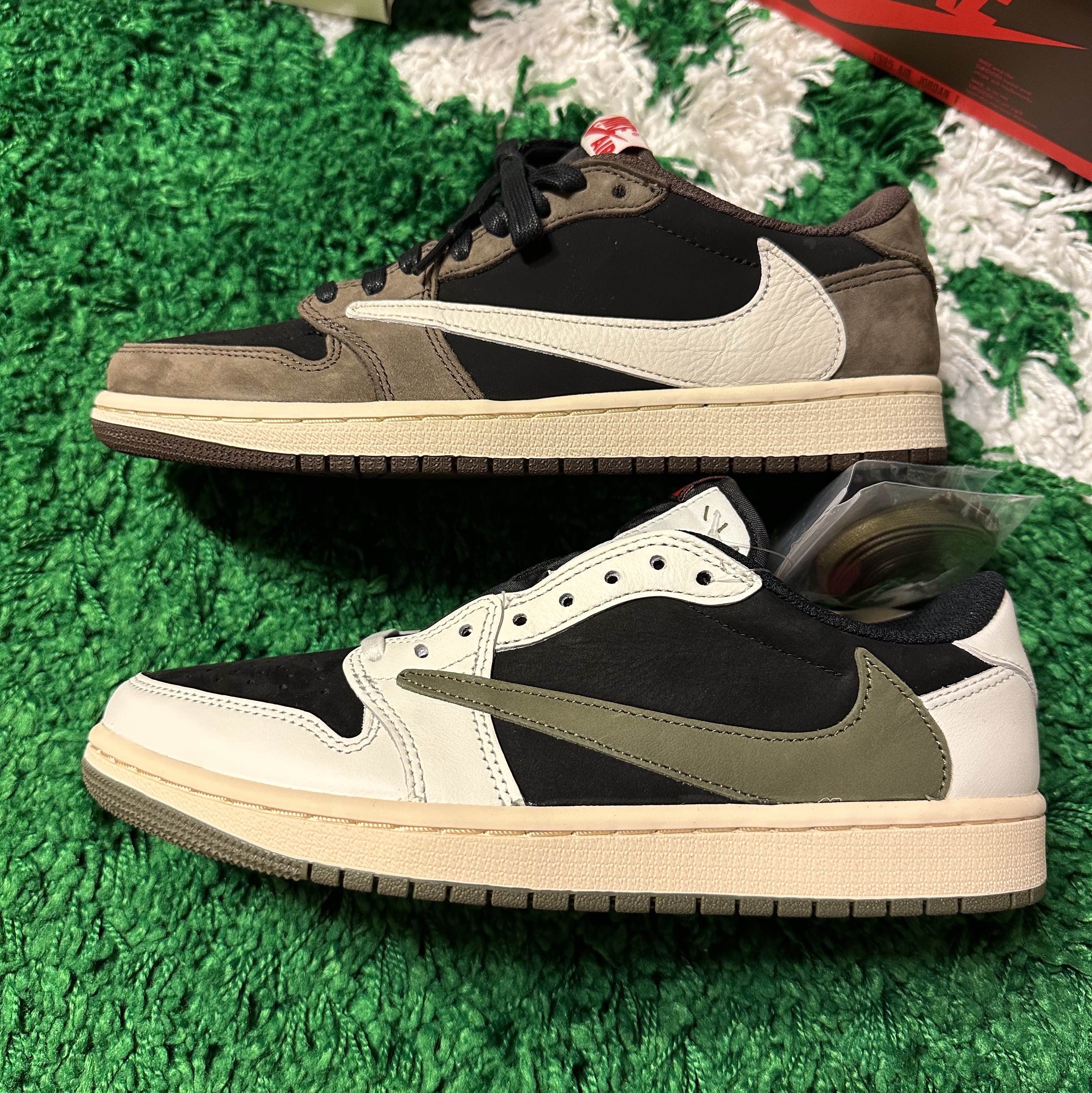 (W) Jordan 1 x Travis Scott Retro Low OG SP Medium Olive, Jordan 1 x Travis Scott Retro Low OG SP Mocha 착용 스타일