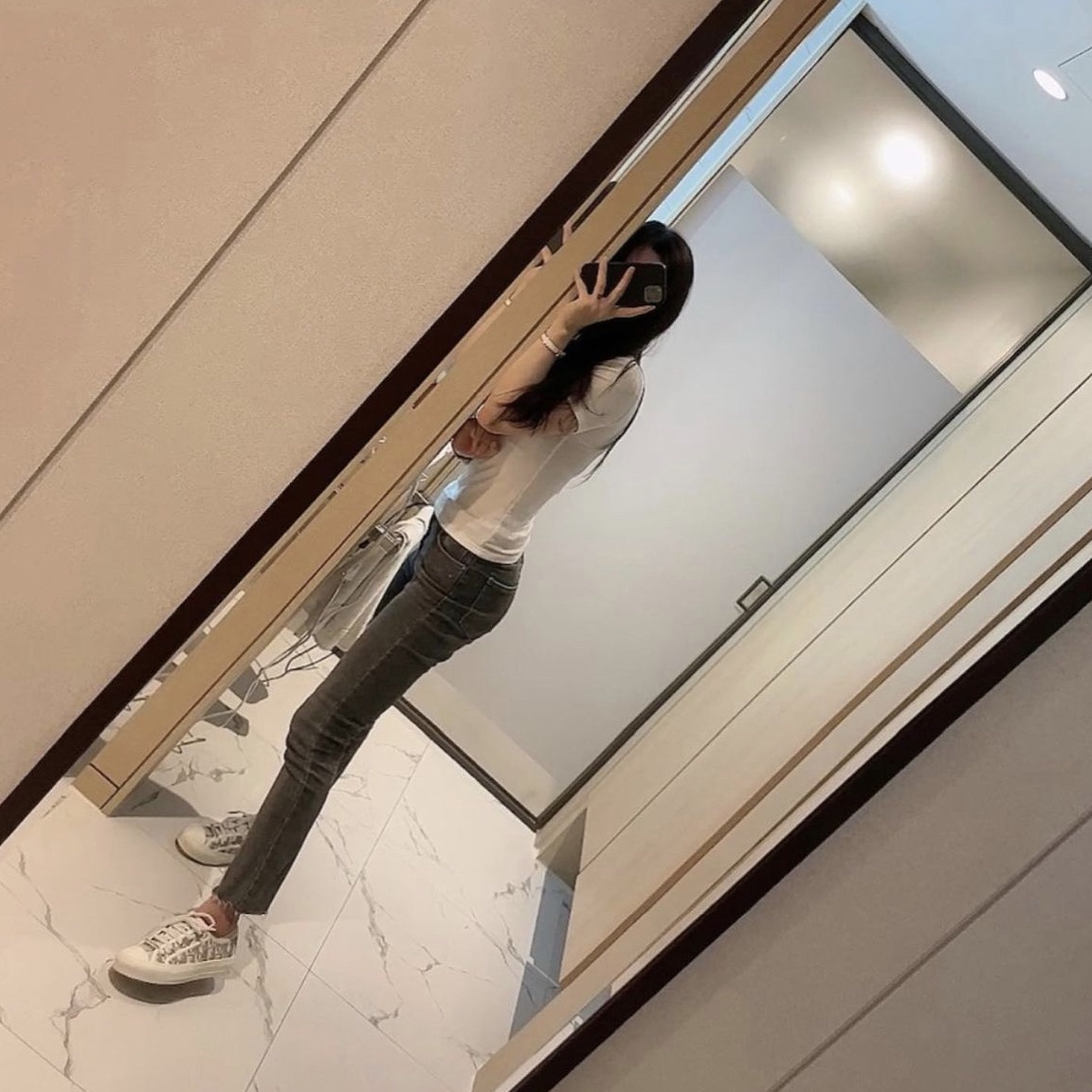 (W) Dior Walk'N'Dior Sneakers Oblique Gray 착용 스타일 - 2