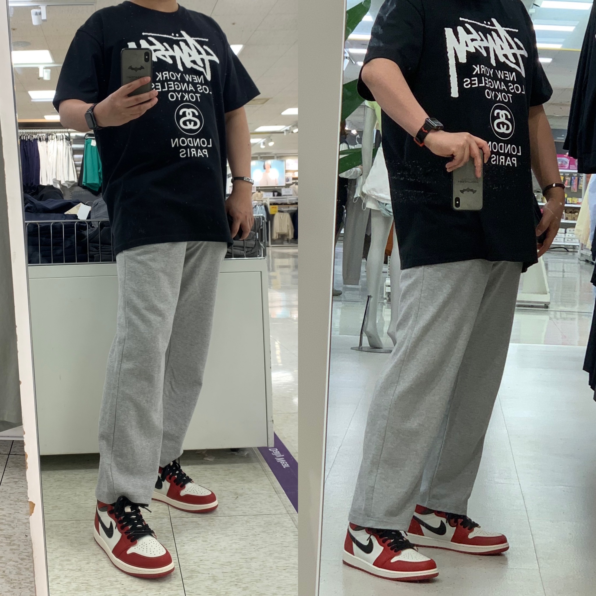 Jordan 1 Retro High OG Chicago 2022, Stussy World Tour T-Shirt Black 착용 스타일 - 2