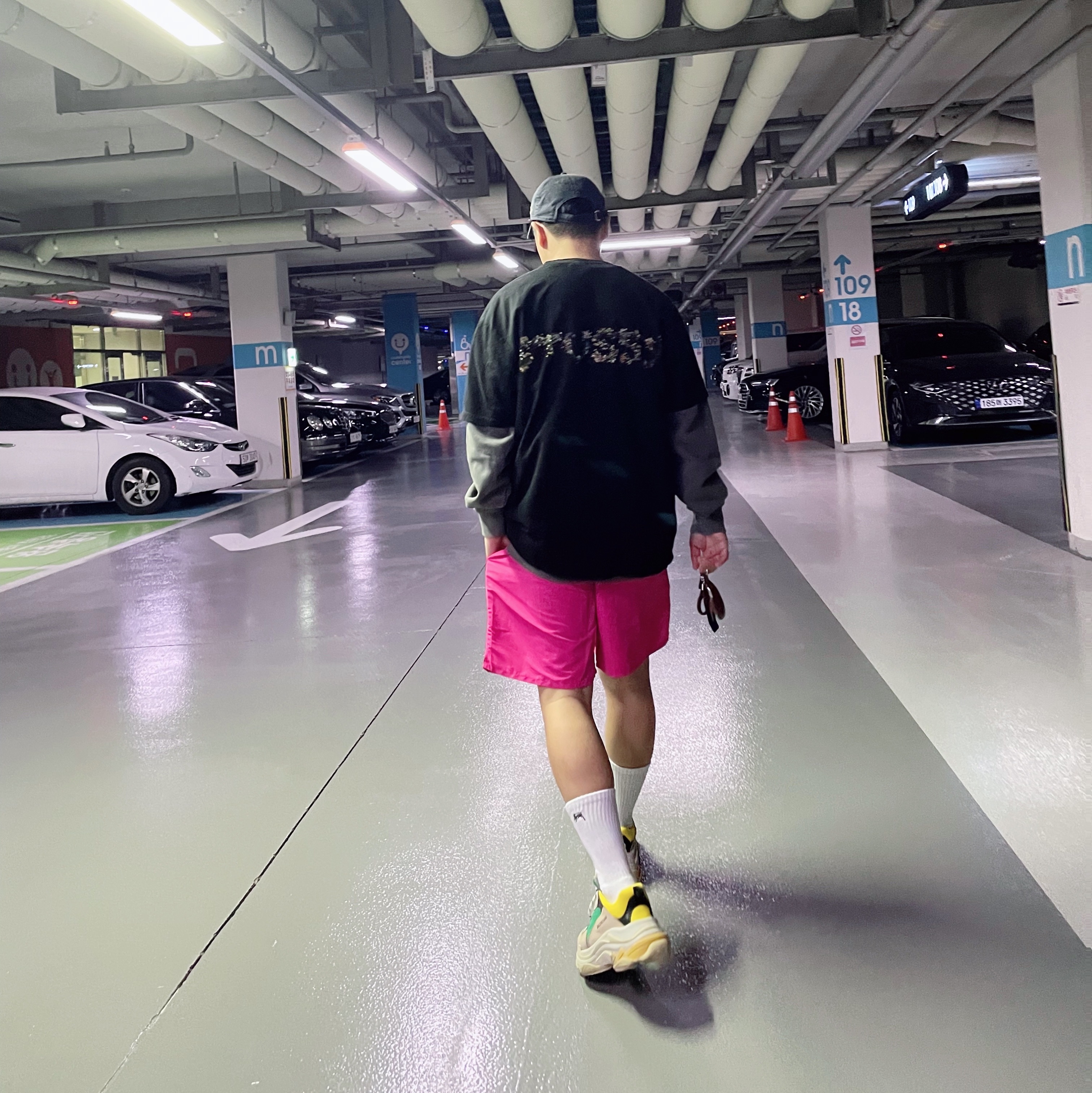 Stussy Curly S Water Shorts Fucshia, Stussy Bokay Pigment Dyed T-Shirt Black 착용 스타일