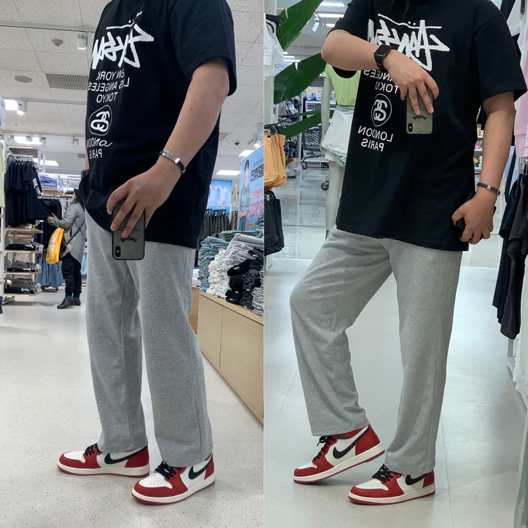 Jordan 1 Retro High OG Chicago 2022, Stussy World Tour T-Shirt Black 착용 스타일 - 1