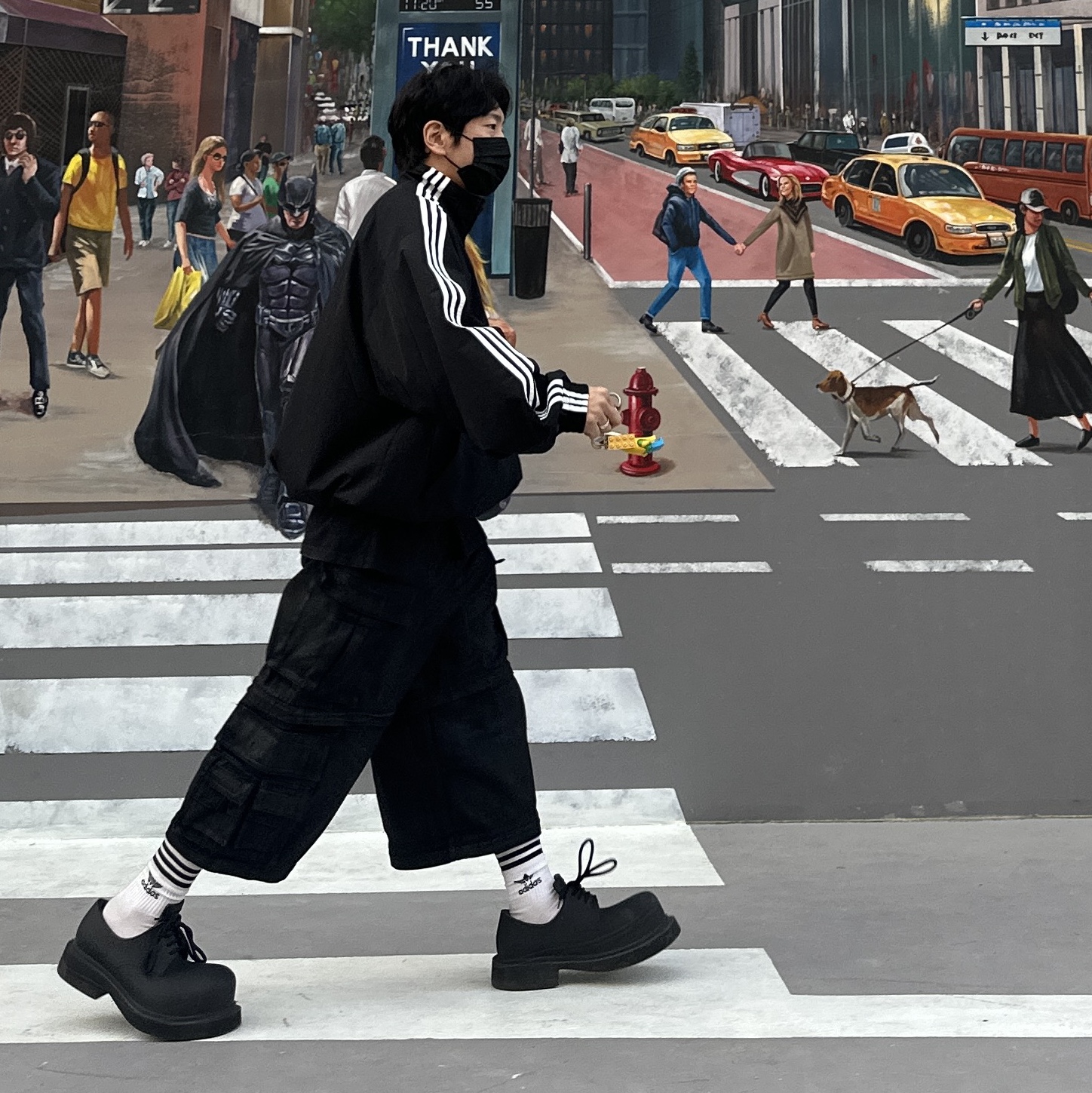 Project G/R Oversized Convertible Cargo Pants Coated Black, Balenciaga x Adidas Performance Poplin Tracksuit Jacket Black 착용 스타일