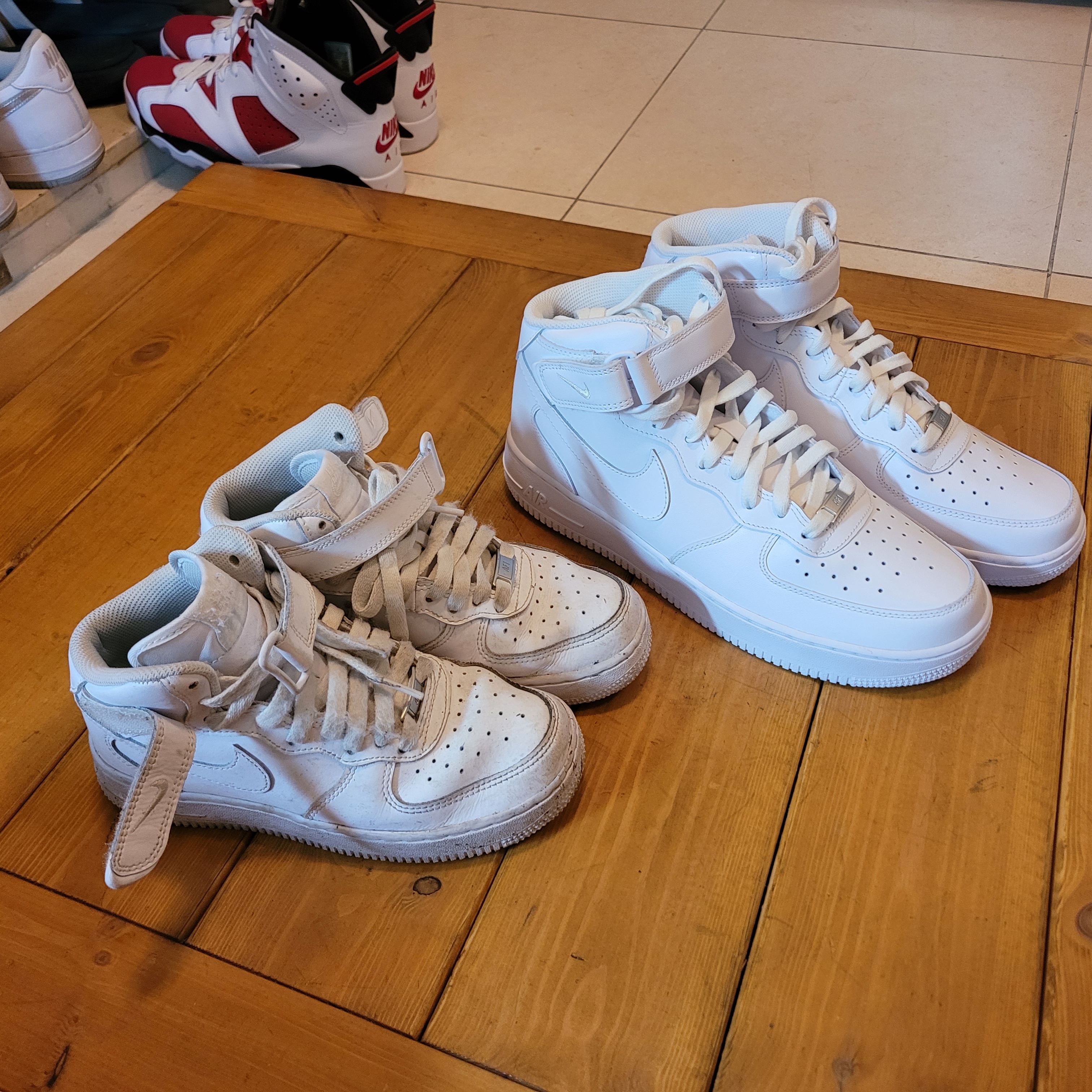 (W) Nike Air Force 1 Mid '07 Leather Triple White, (GS) Nike Air Force 1 Mid LE White 착용 스타일 - 3