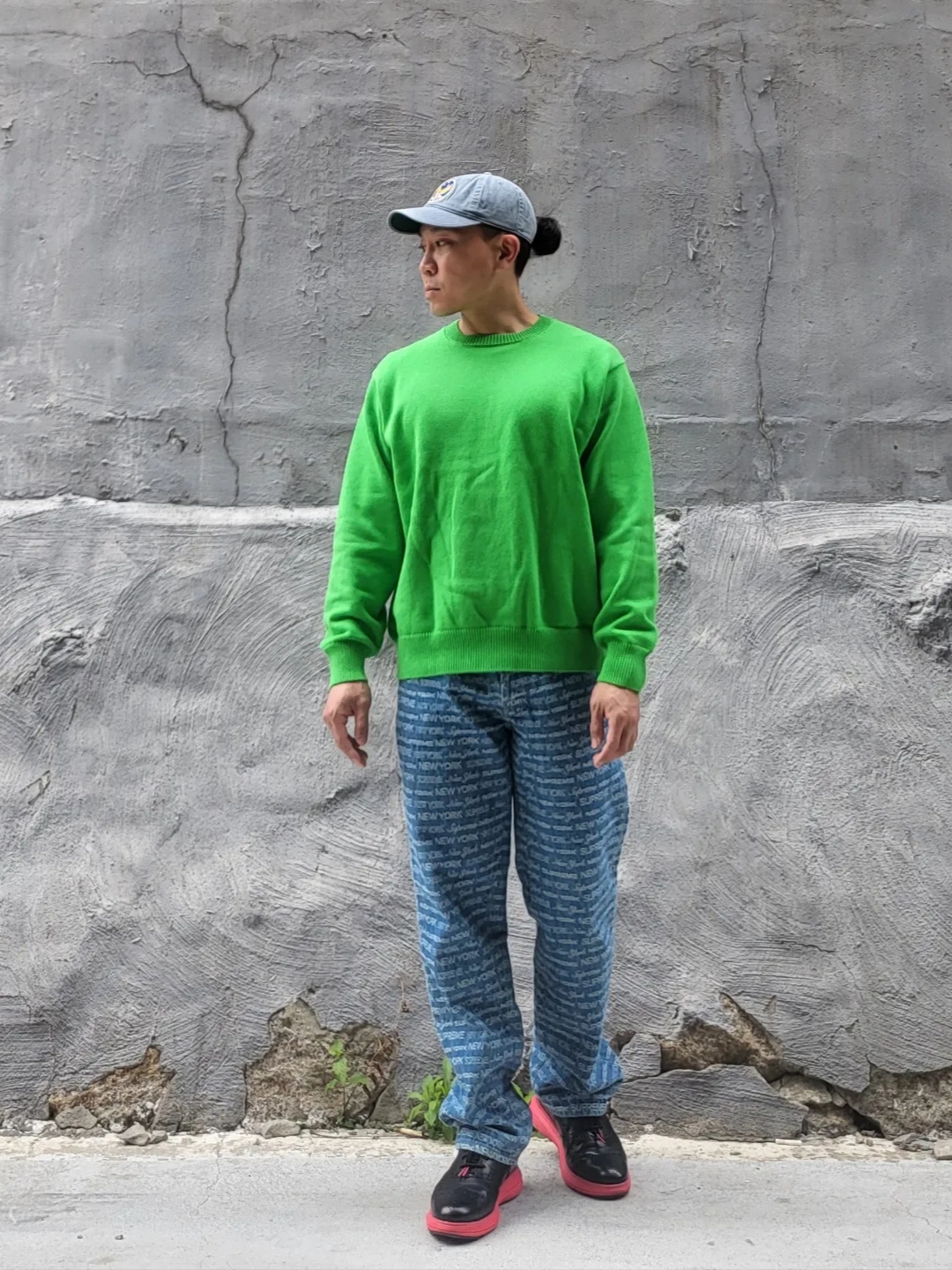 Double RL Garment Dyeing Twill Ball Cap Blue, Stussy Bent Crown Sweater Lime 착용 스타일 - 1