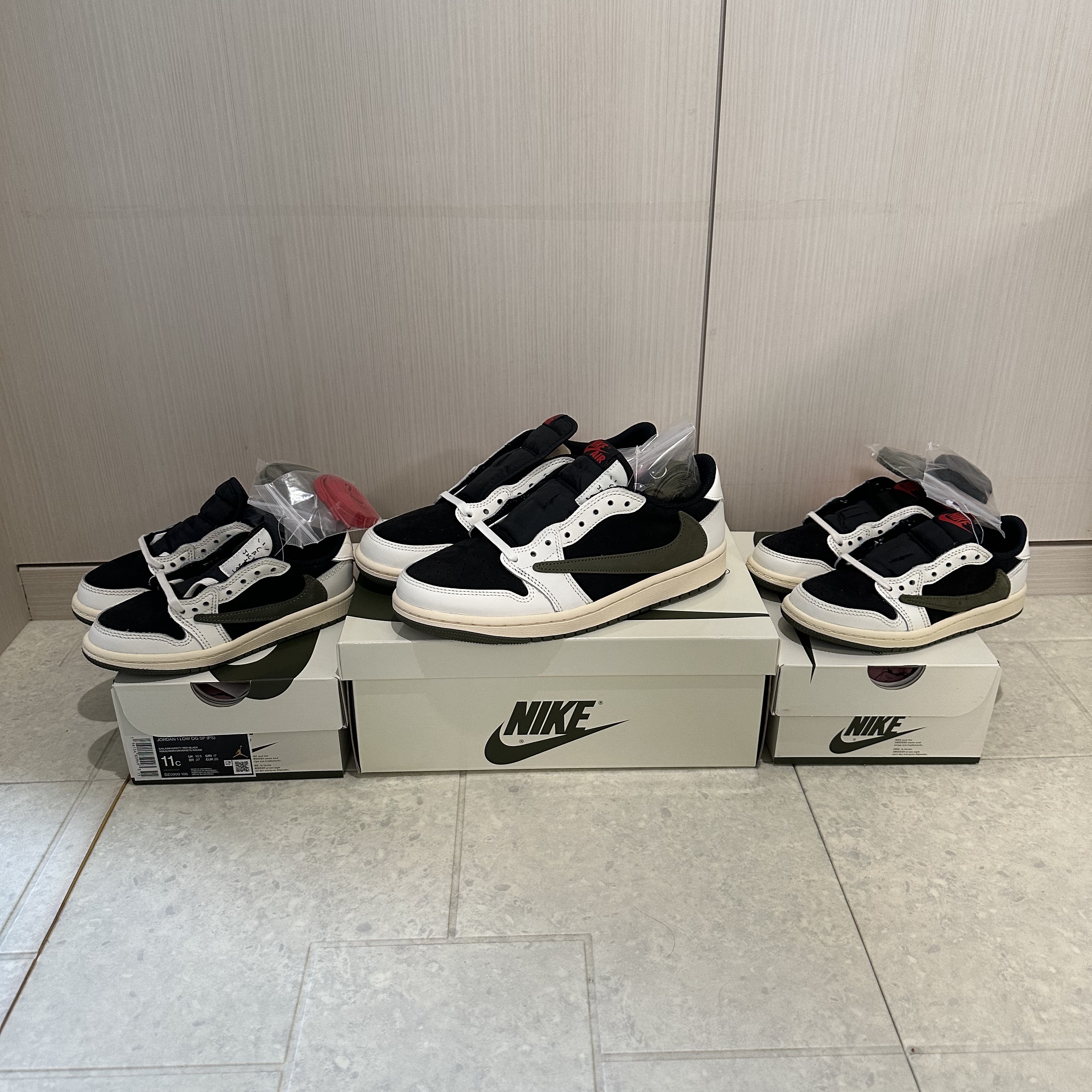 (W) Jordan 1 x Travis Scott Retro Low OG SP Medium Olive, (PS) Jordan 1 x Travis Scott Retro Low OG SP Medium Olive 착용 스타일 - 1