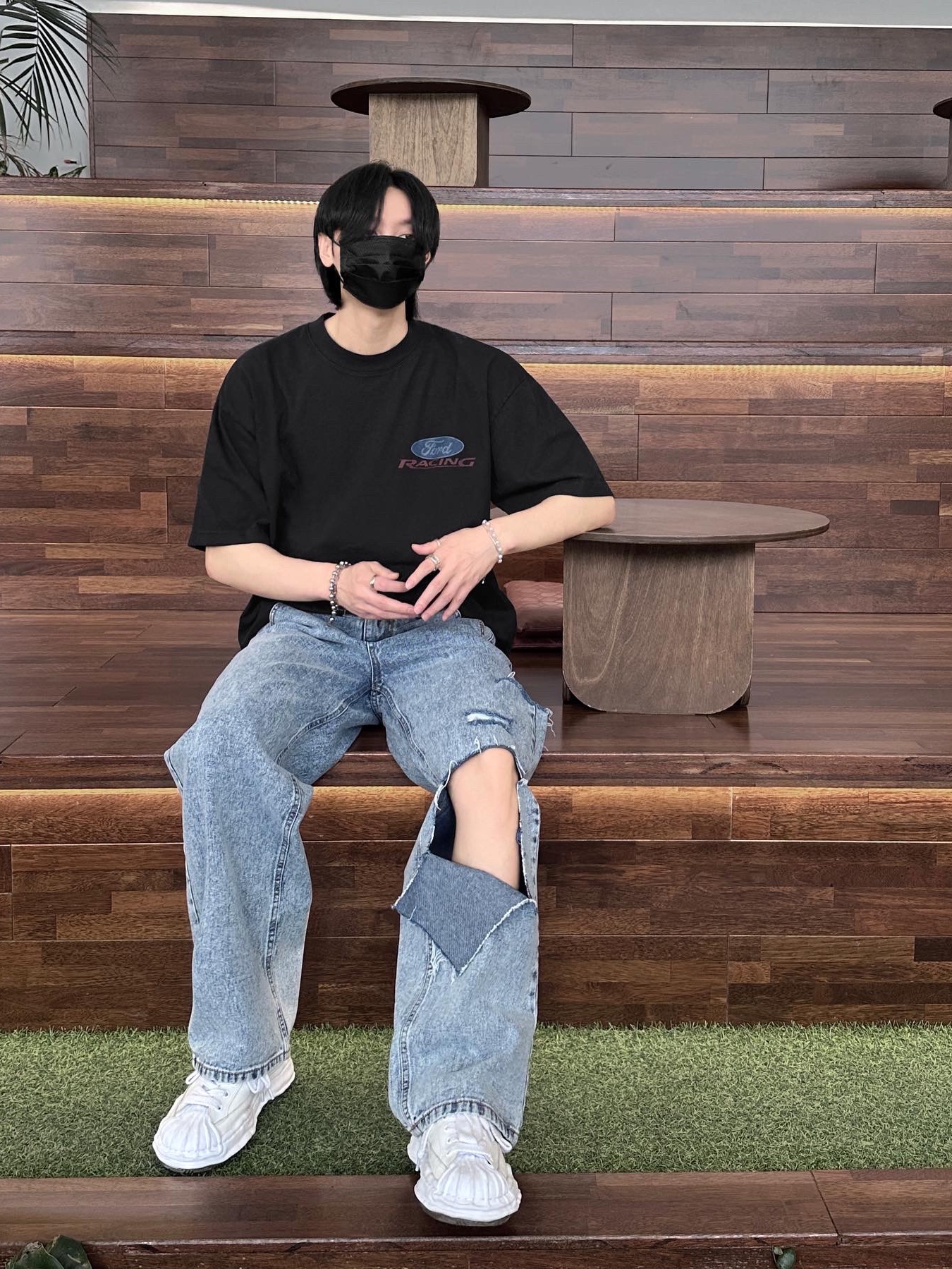 메종 미하라 야스히로 블레이키 OG 솔 캔버스 로우탑 스니커즈 화이트 착용 스타일 - 5