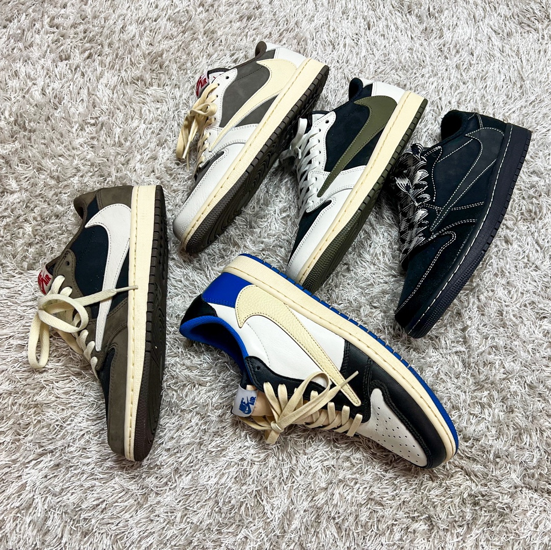 (W) Jordan 1 x Travis Scott Retro Low OG SP Medium Olive, Jordan 1 x Travis Scott Retro Low OG SP Sail and Ridgerock 착용 스타일 - 1