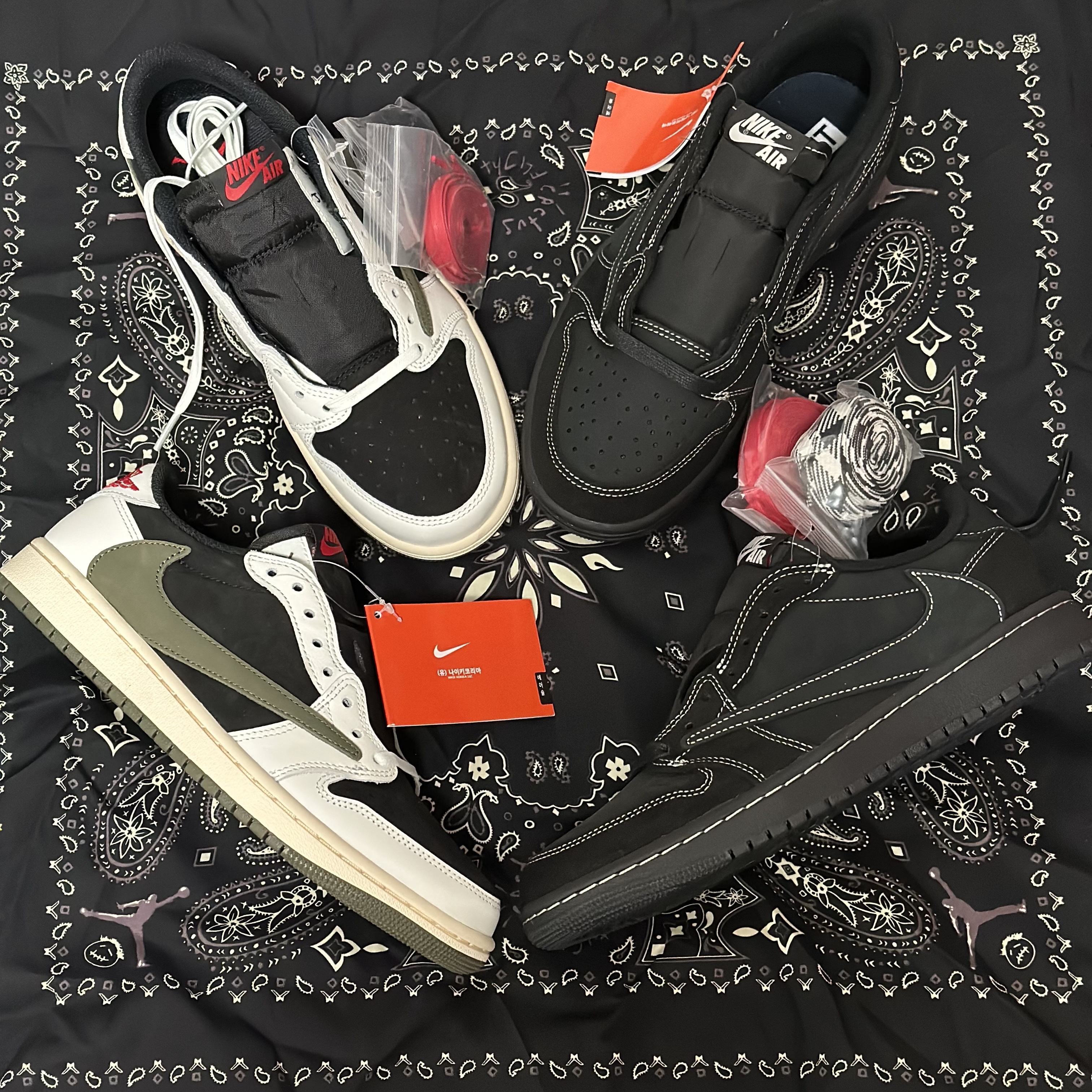 (W) Jordan 1 x Travis Scott Retro Low OG SP Medium Olive, Jordan 1 x Travis Scott Retro Low OG SP Black Phantom 착용 스타일