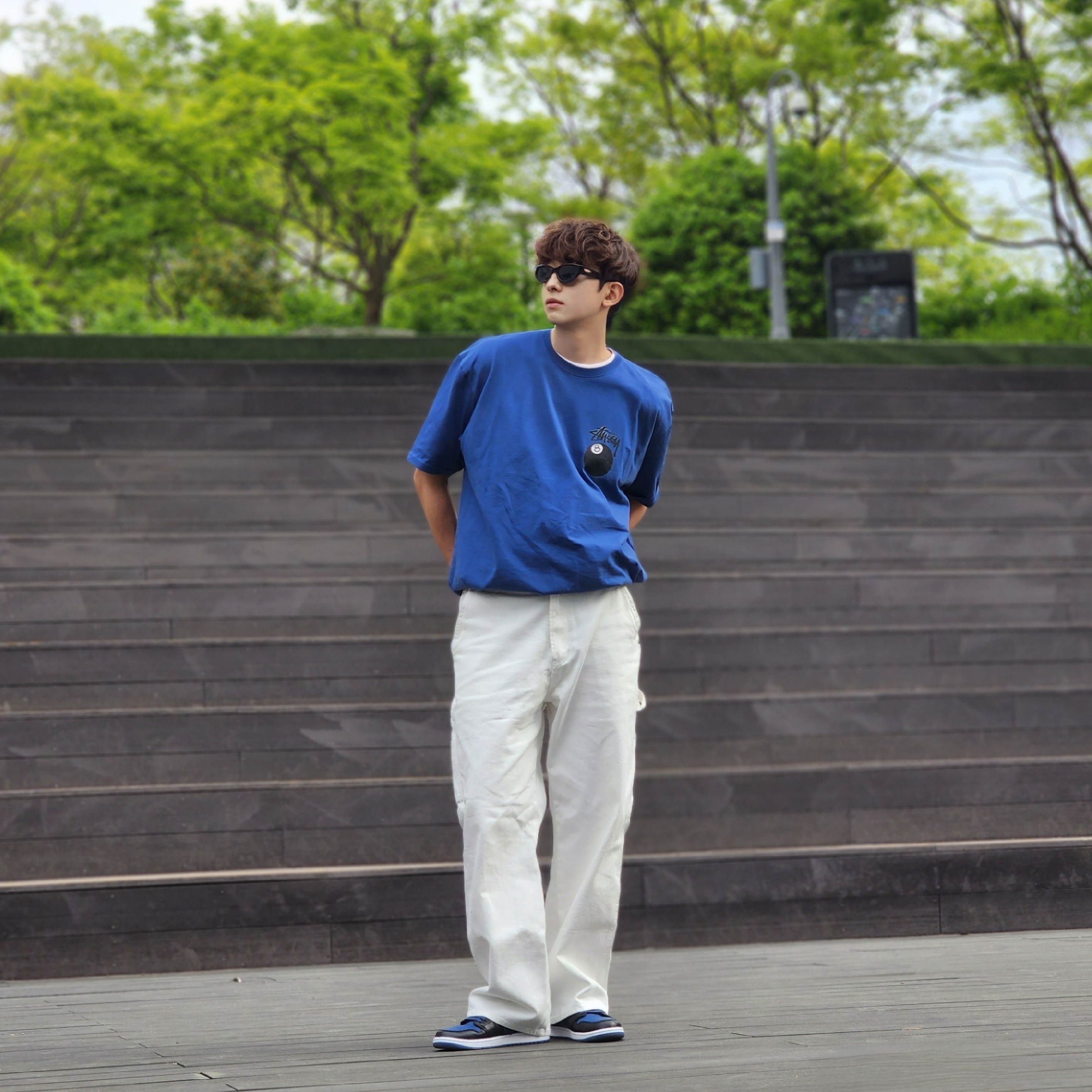 Jordan 1 Retro Low OG Mystic Navy, Stussy 8 Ball T-Shirt Midnight - 22SS 착용 스타일 - 4