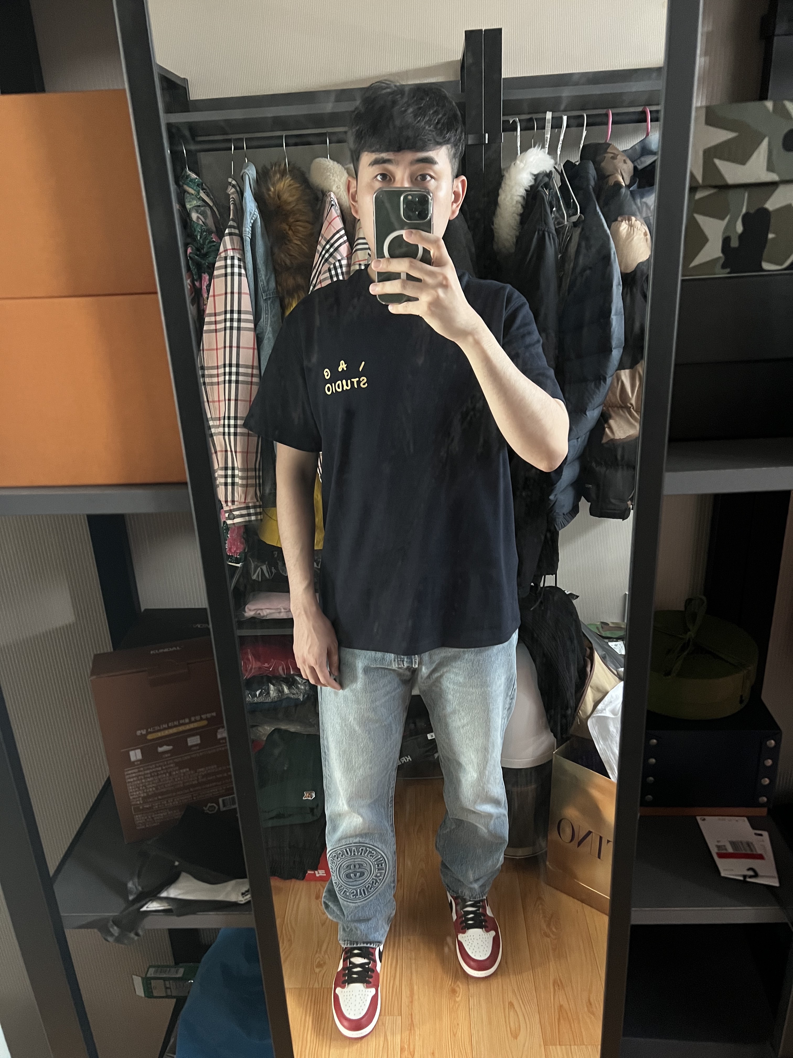 Jordan 1 Retro High OG Chicago 2022, IAB Studio x Ottogi Mayonnaise 50th Anniversary T-Shirt Navy 착용 스타일