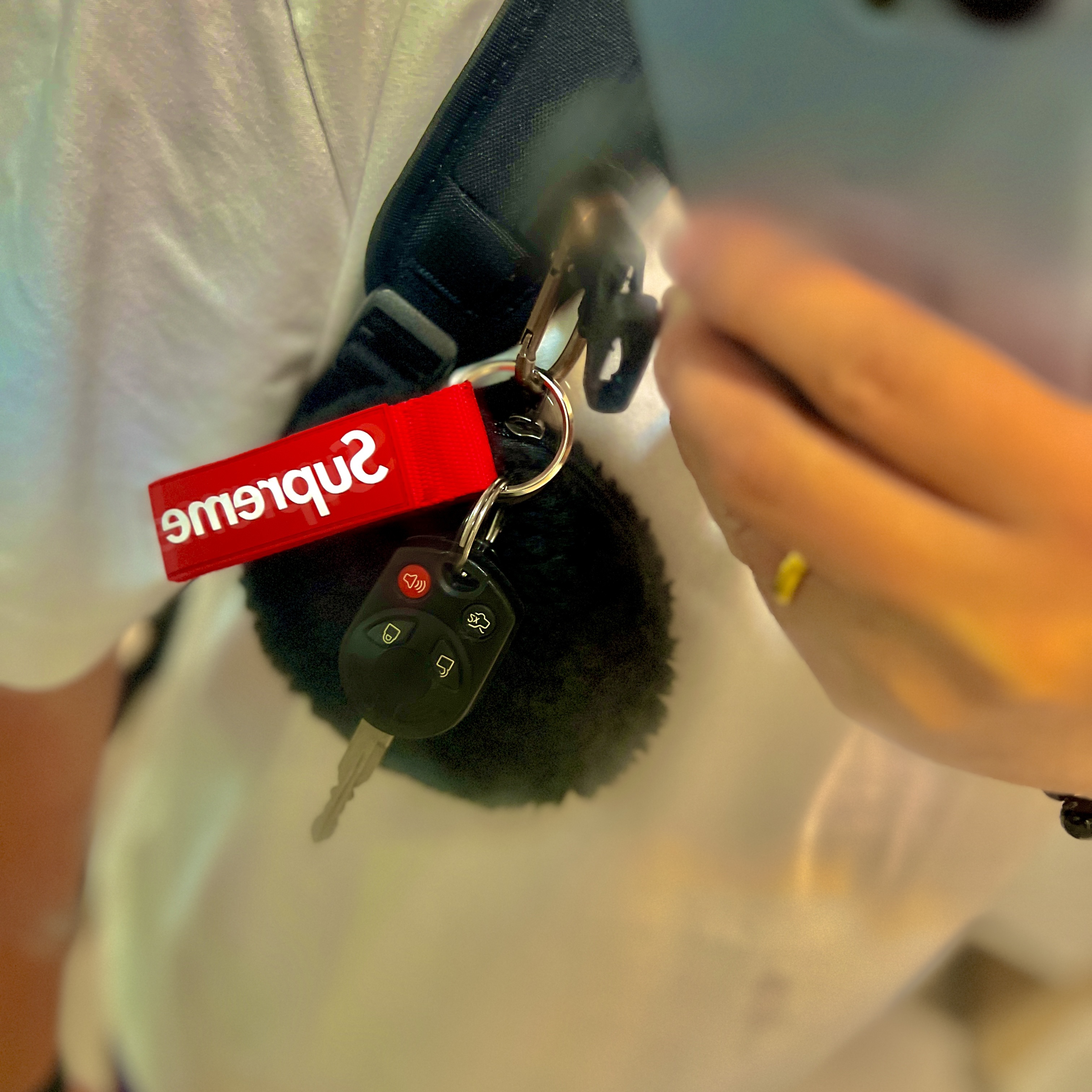 Supreme Webbing Keychain Red - 23SS 착용 스타일 - 2