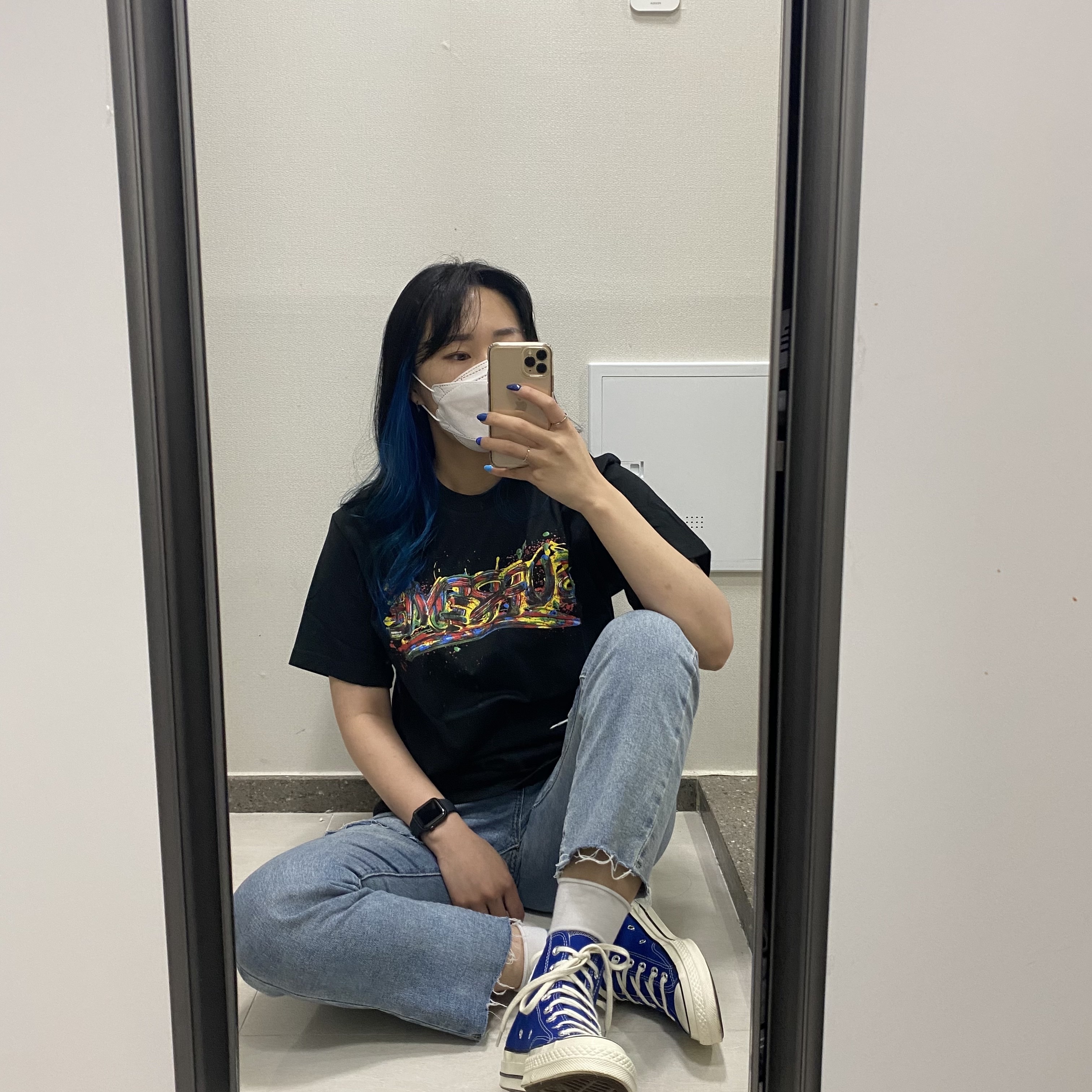 Converse Chuck 70 High Rush Blue, Zara x Ader Error Tapered Trousers Black 착용 스타일 - 1