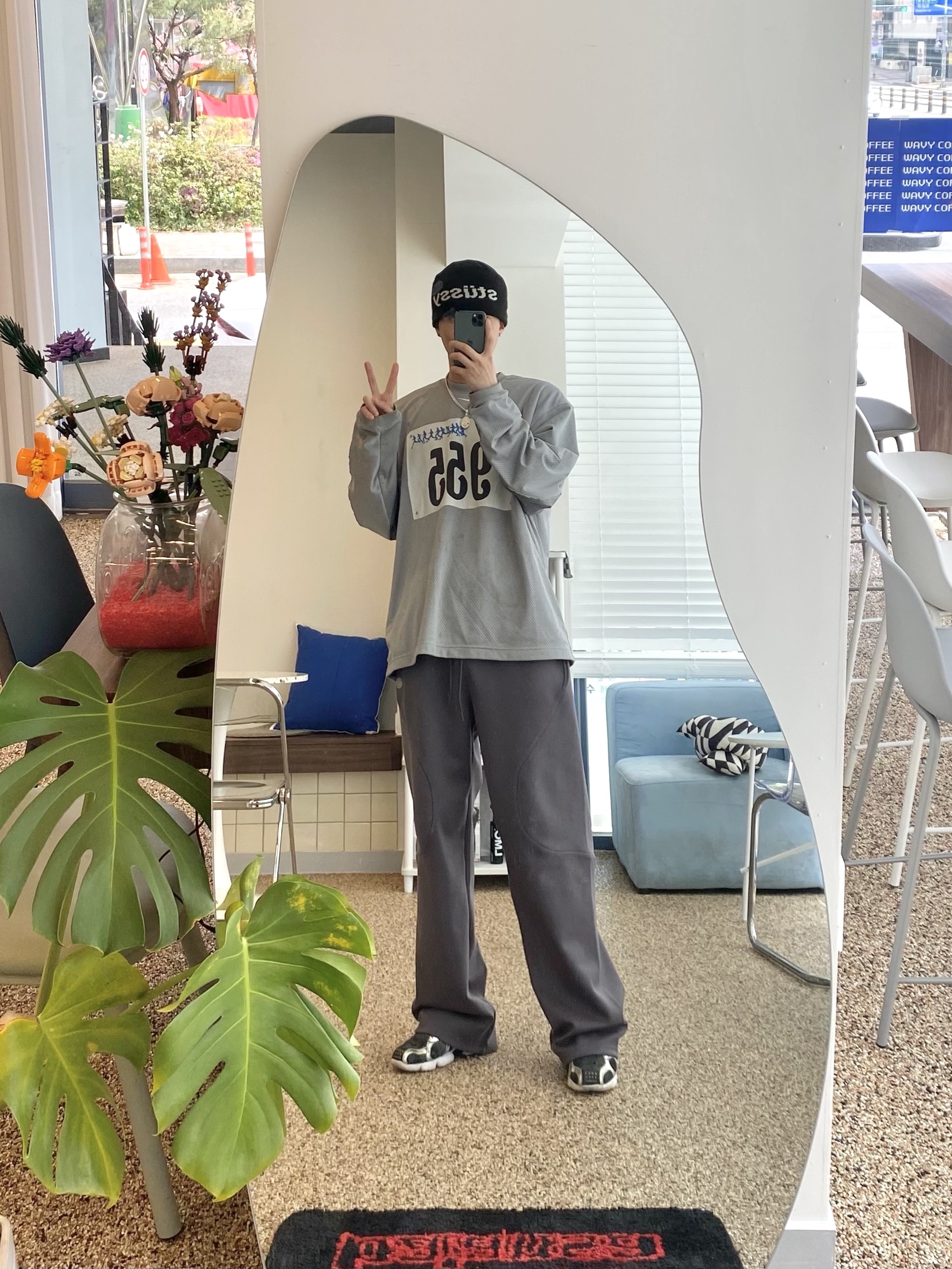 Stussy Helvetica Jacquard Beanie Black, Nike x Cactus Plant Flea Market L/S Jersey Grey - US/EU 착용 스타일 - 1