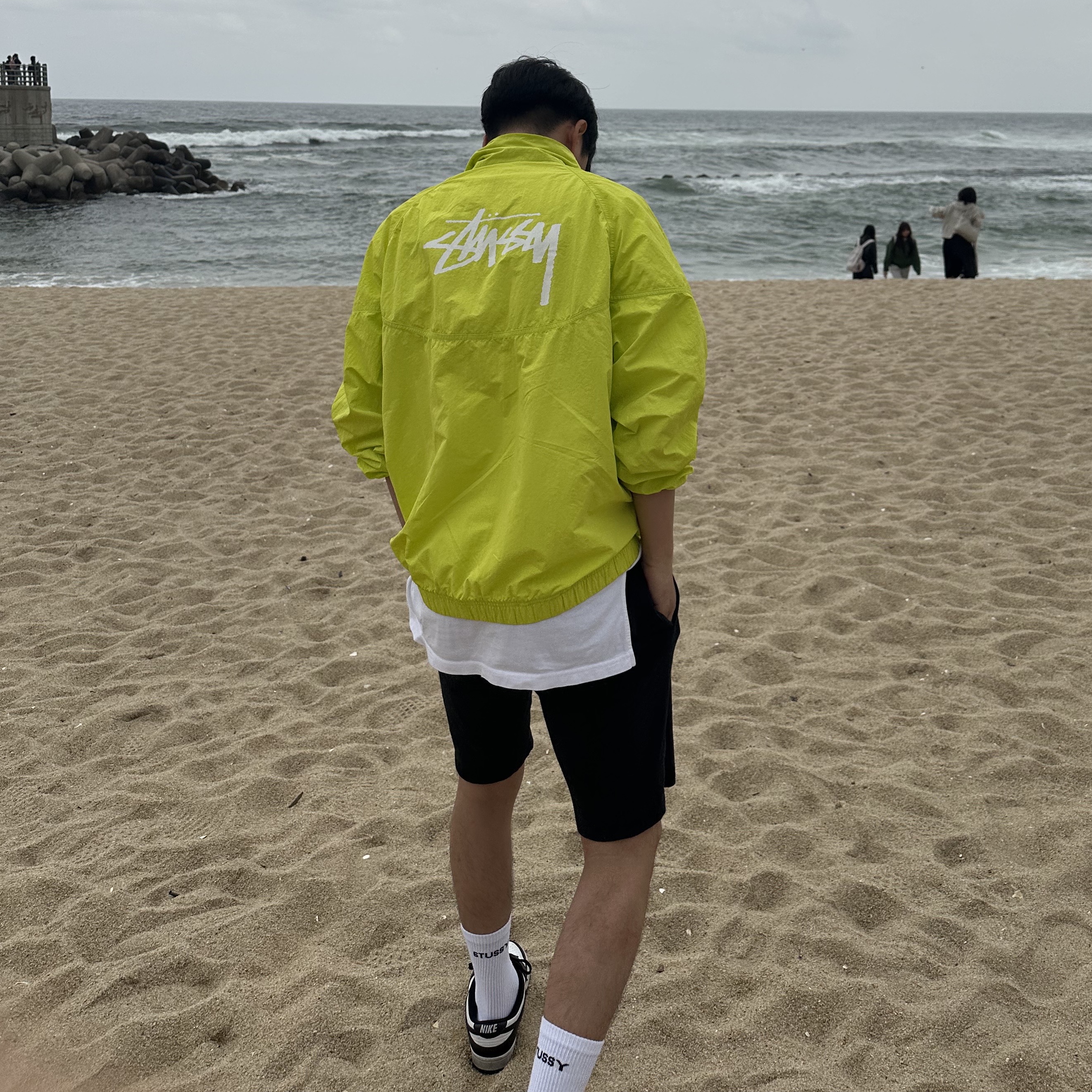 Nike x Stussy Windrunner Jacket Bright Cactus, Nike Dunk Low Retro Black 착용 스타일