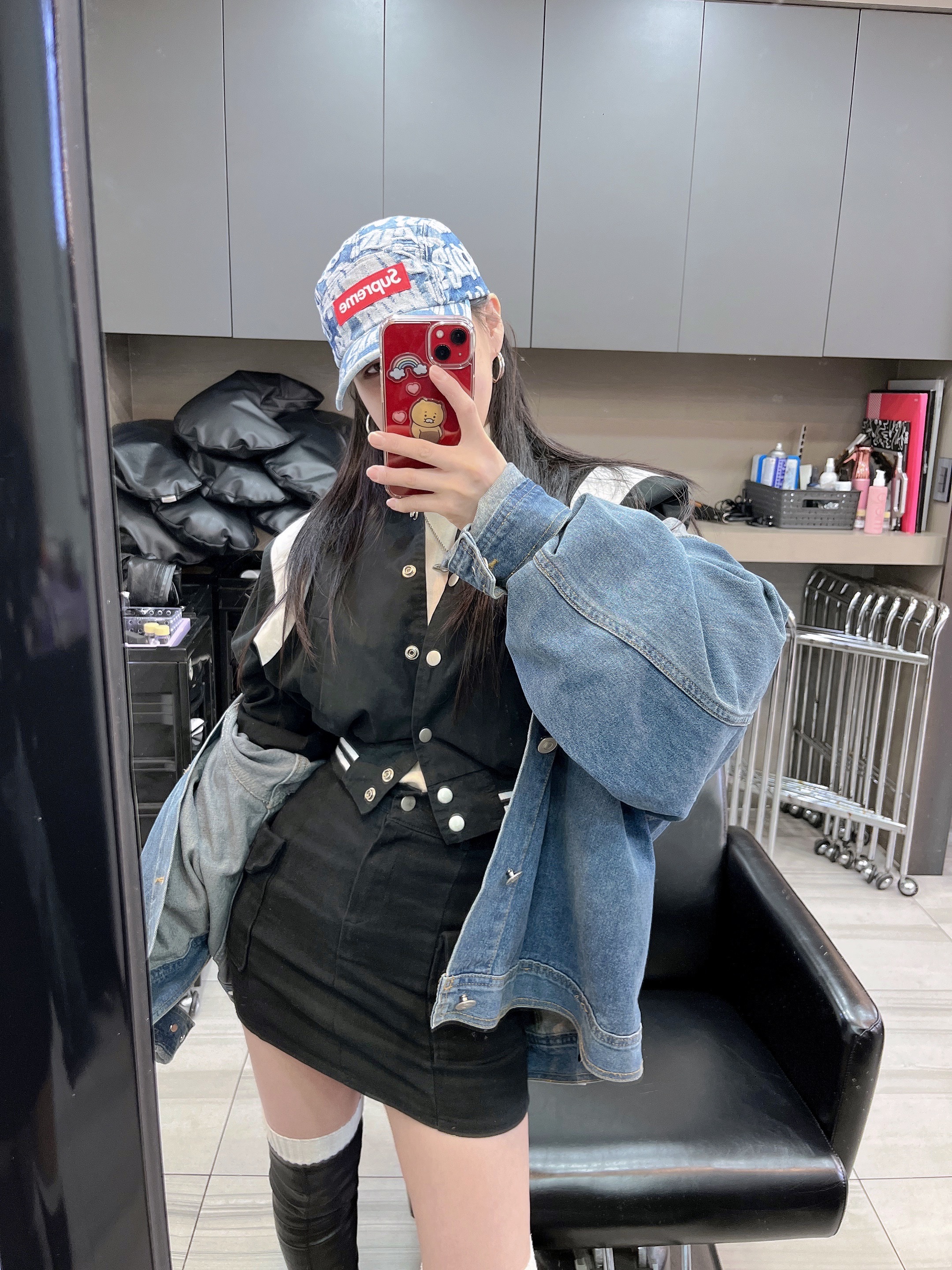 슈프림 팻 팁 자카드 데님 캠프캡 블루 - 22SS 착용 스타일 - 1